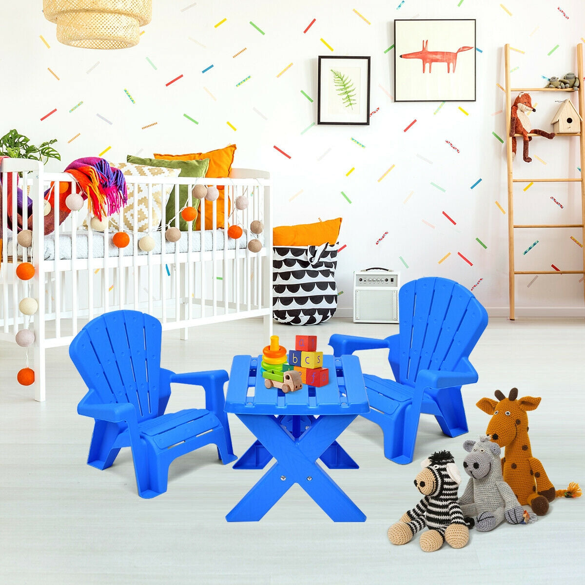 3-Piece Plastic Children Table Chair Set-Blue