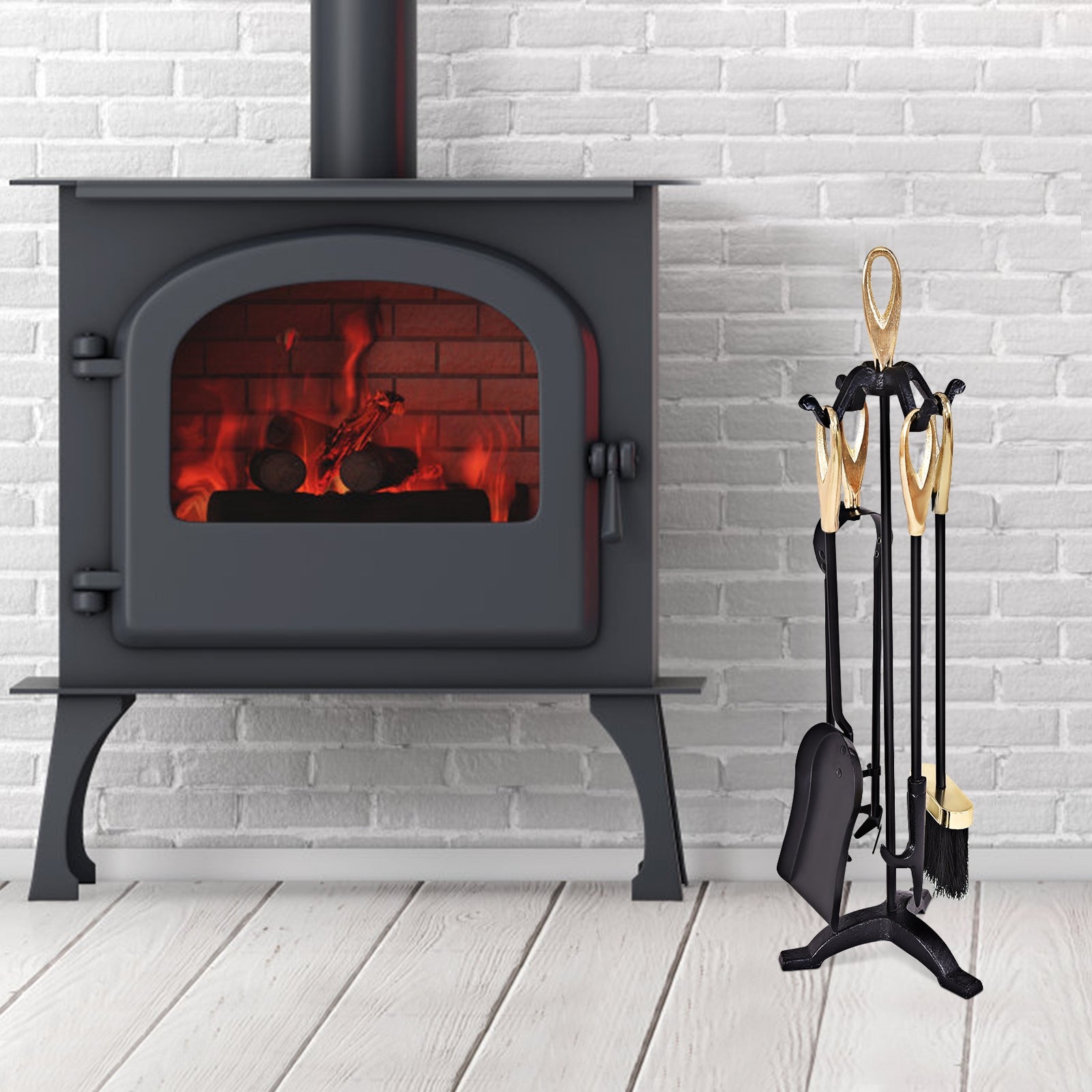 5 Pieces Stylish Gold Iron Fireplace Tools Set