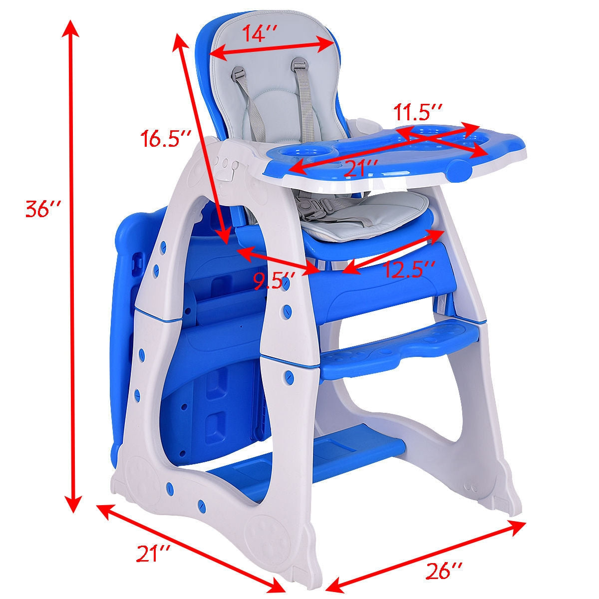 3 in 1 Convertible Play Table Seat Baby High Chair-Blue