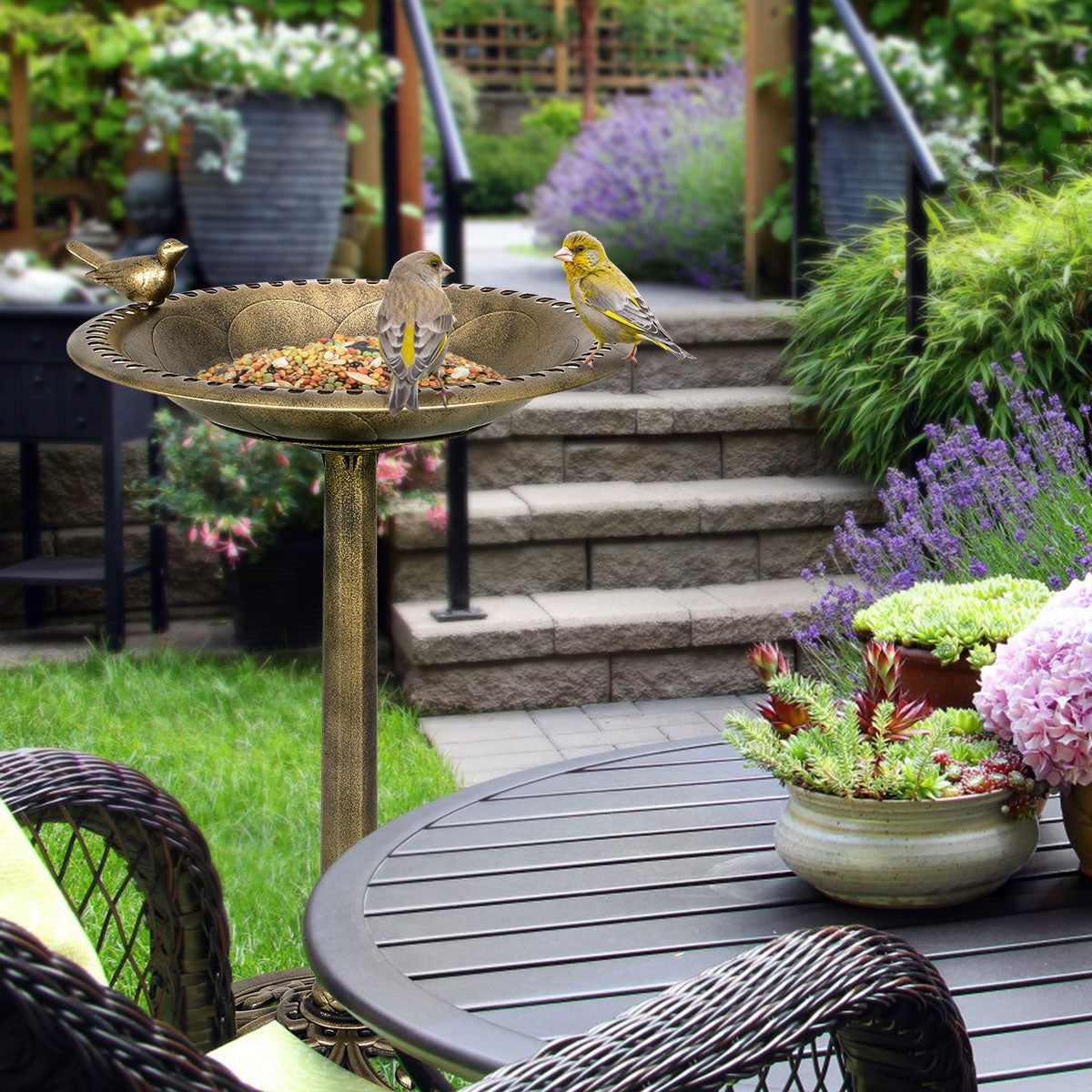 Antique Gold Freestanding Pedestal Bird Bath Feeder