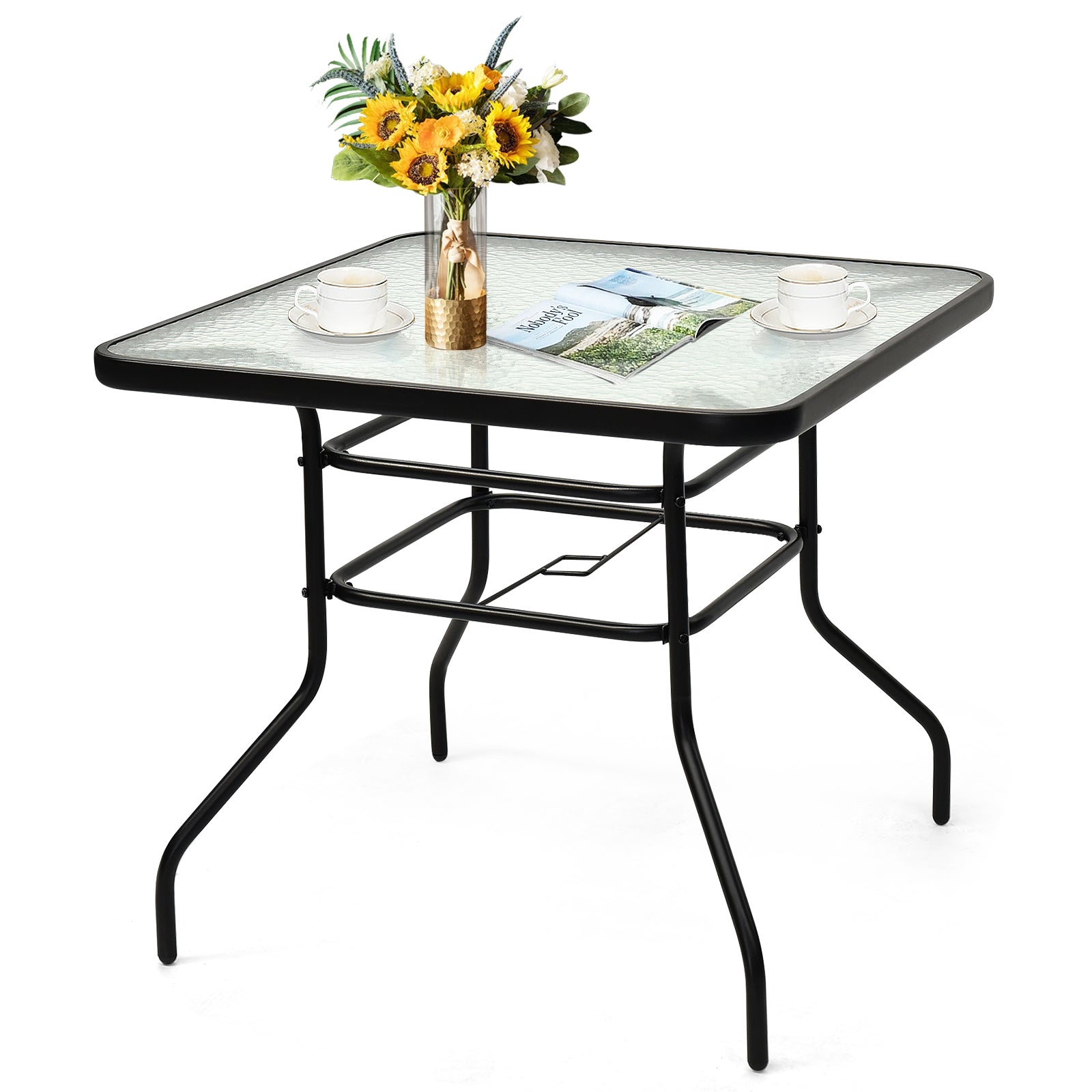 32 Inch Patio Tempered Glass Steel Frame Square TableÂ 