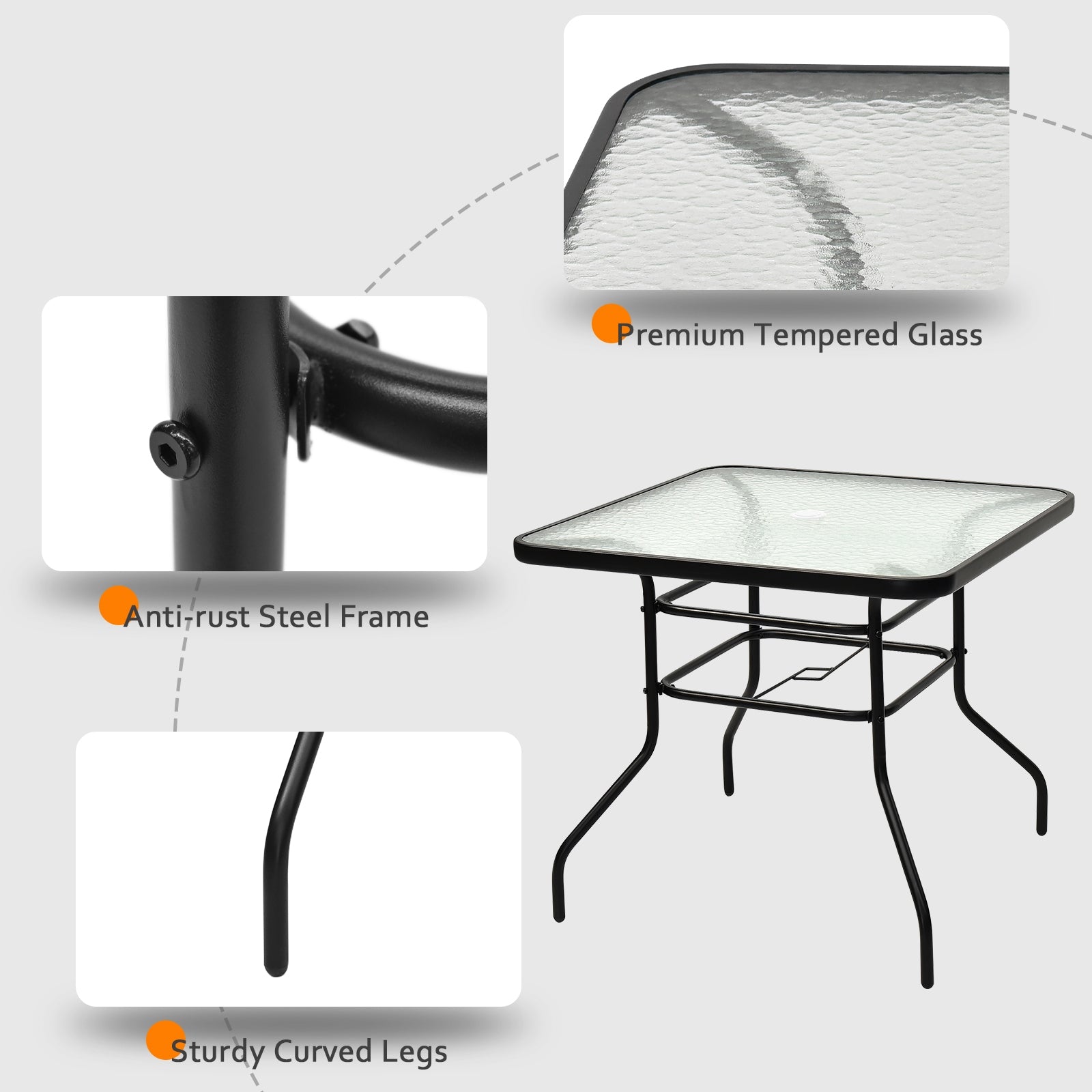 32 Inch Patio Tempered Glass Steel Frame Square TableÂ 