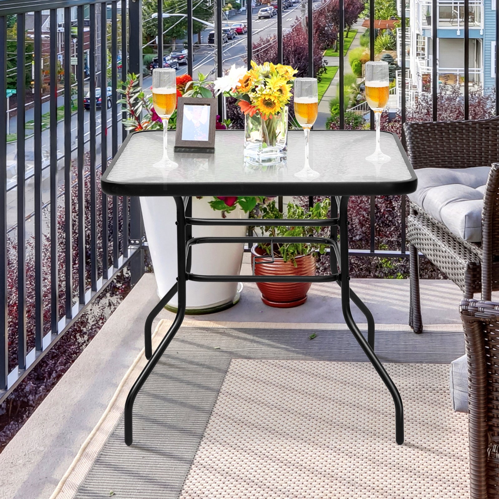 32 Inch Patio Tempered Glass Steel Frame Square TableÂ 