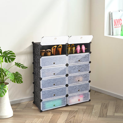 12-Cube DIY Portable Plastic Shoe Rack with Transparent DoorsÂ 