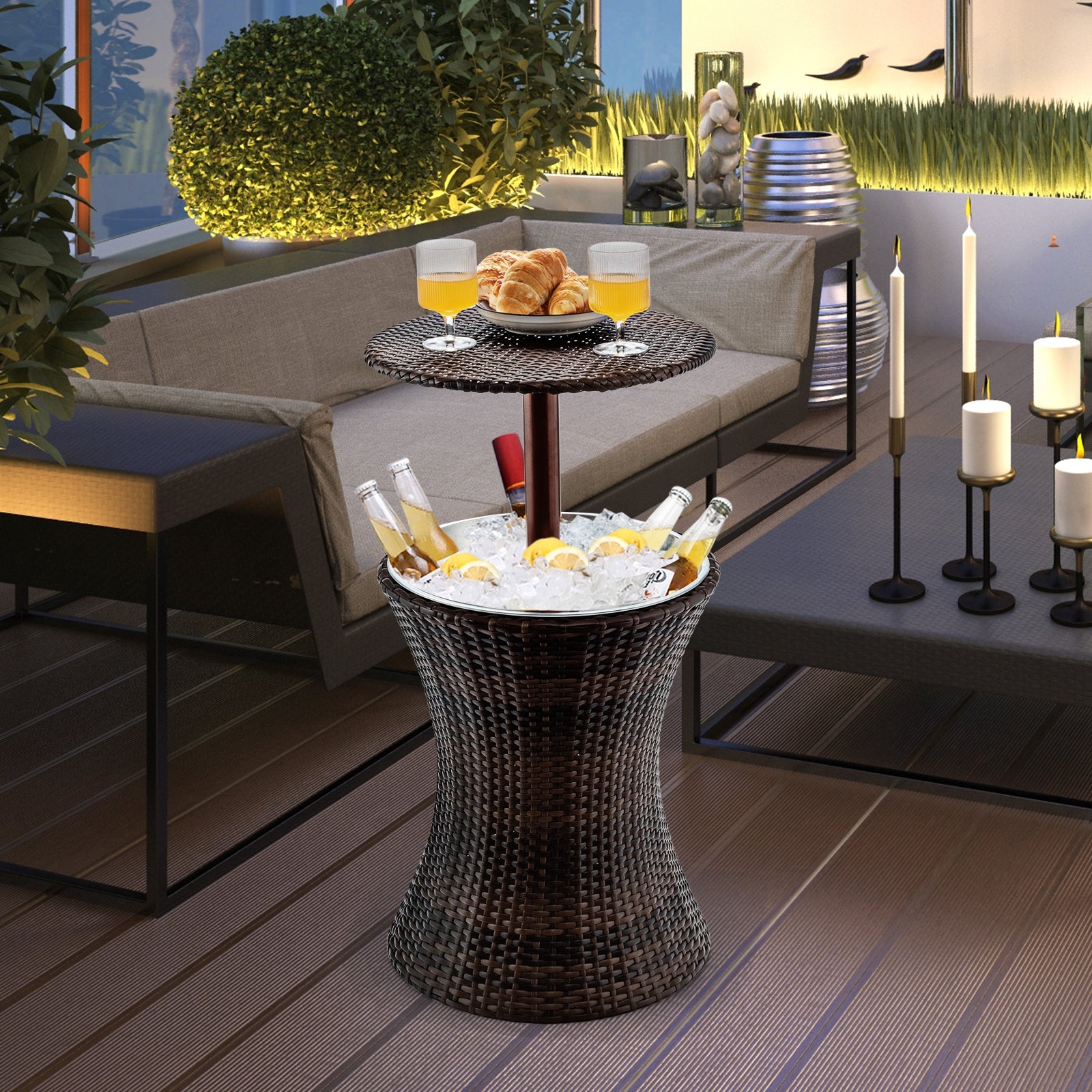 Height Adjustable Patio Rattan Cooler Bar Table-Brown