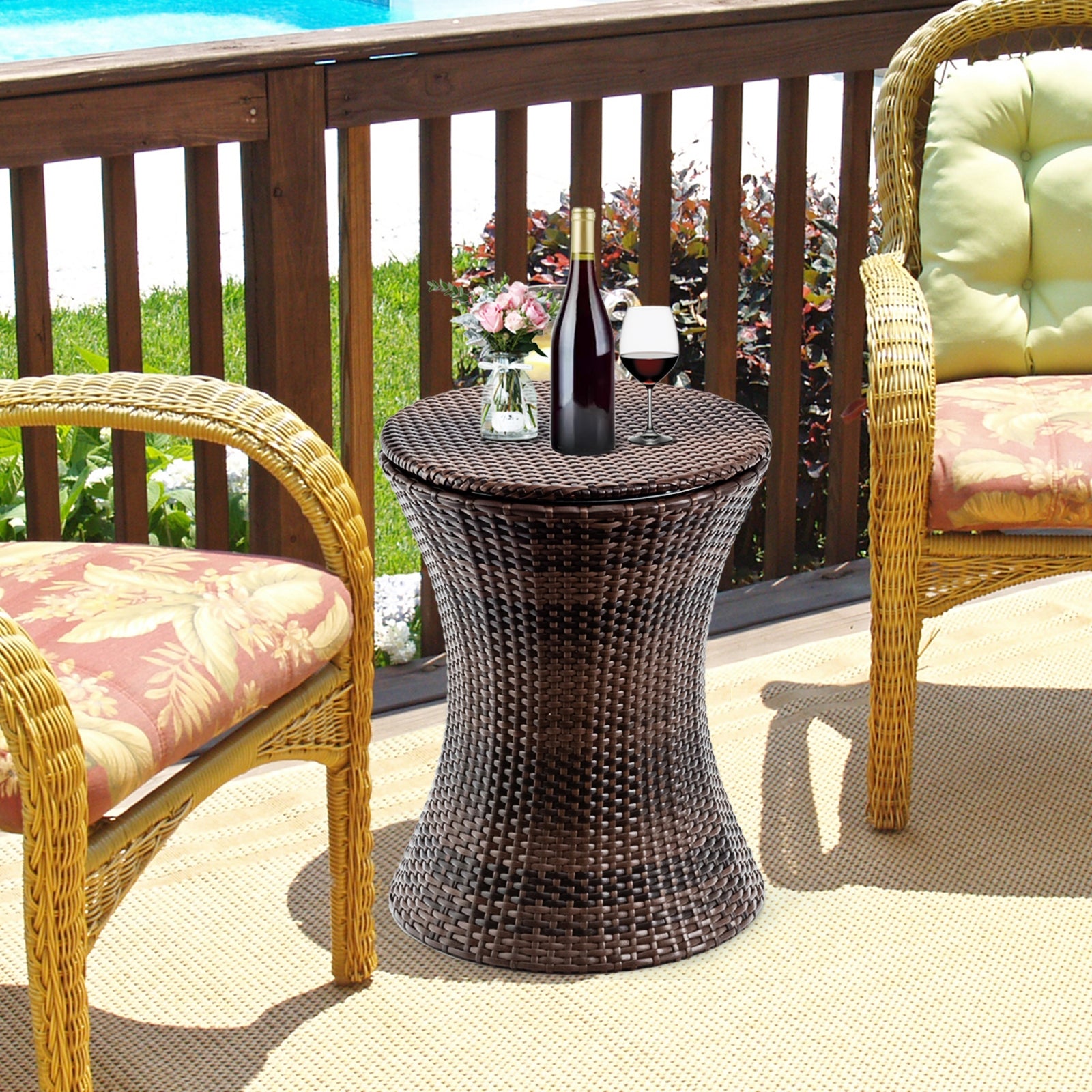 Height Adjustable Patio Rattan Cooler Bar Table-Brown