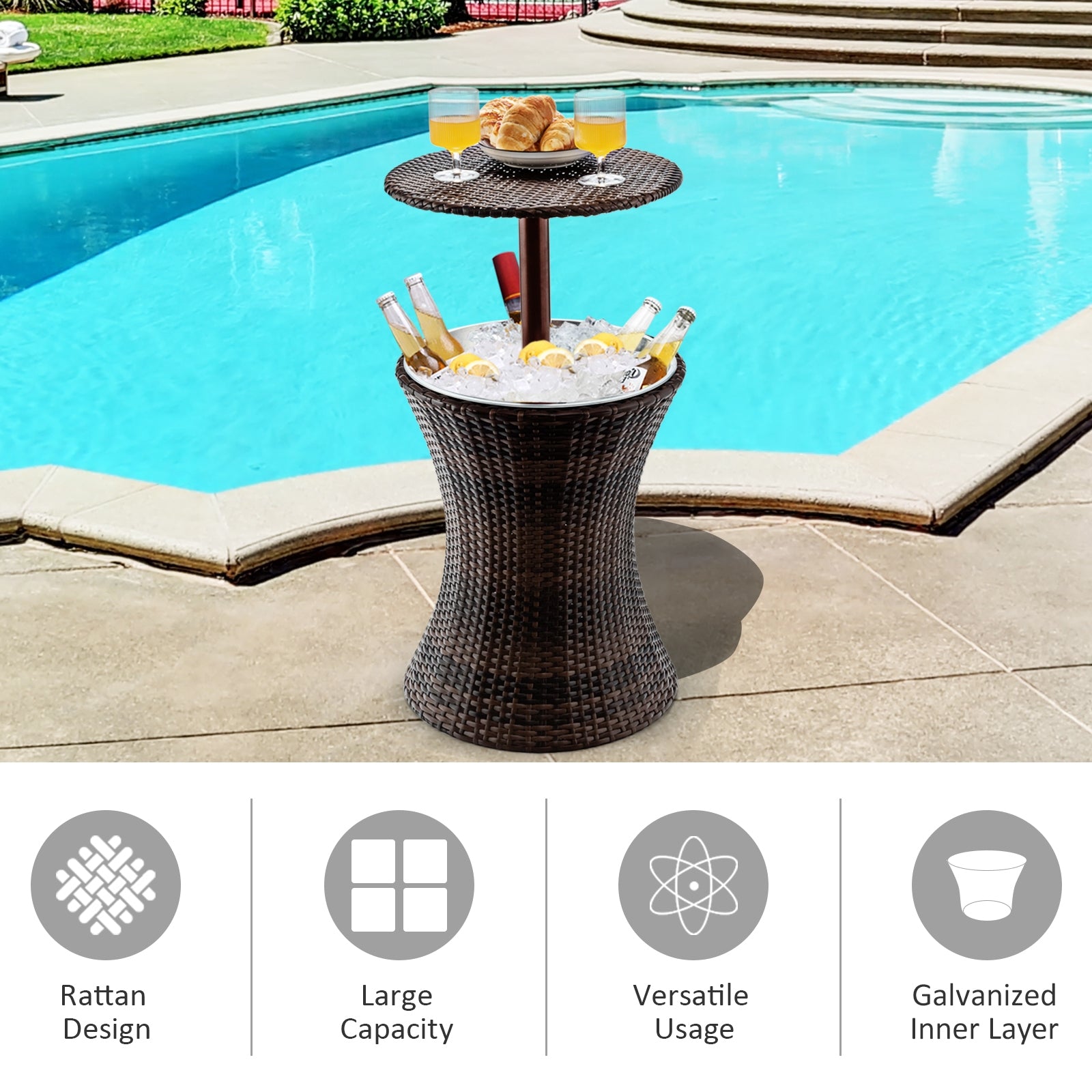 Height Adjustable Patio Rattan Cooler Bar Table-Brown