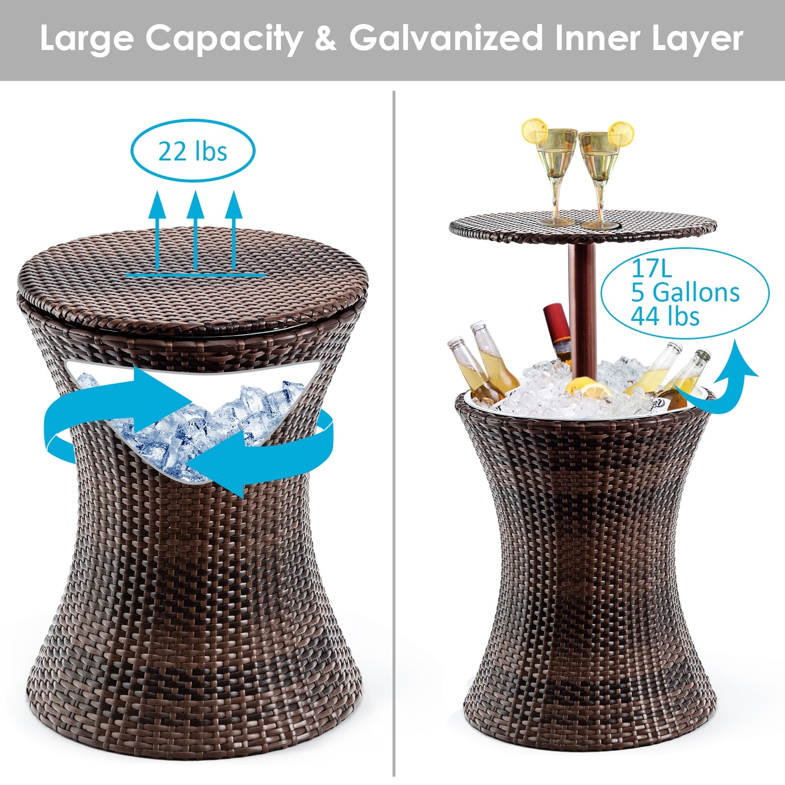 Height Adjustable Patio Rattan Cooler Bar Table-Brown