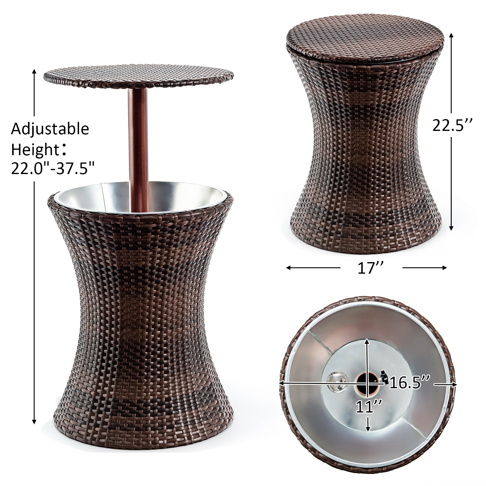 Height Adjustable Patio Rattan Cooler Bar Table-Brown