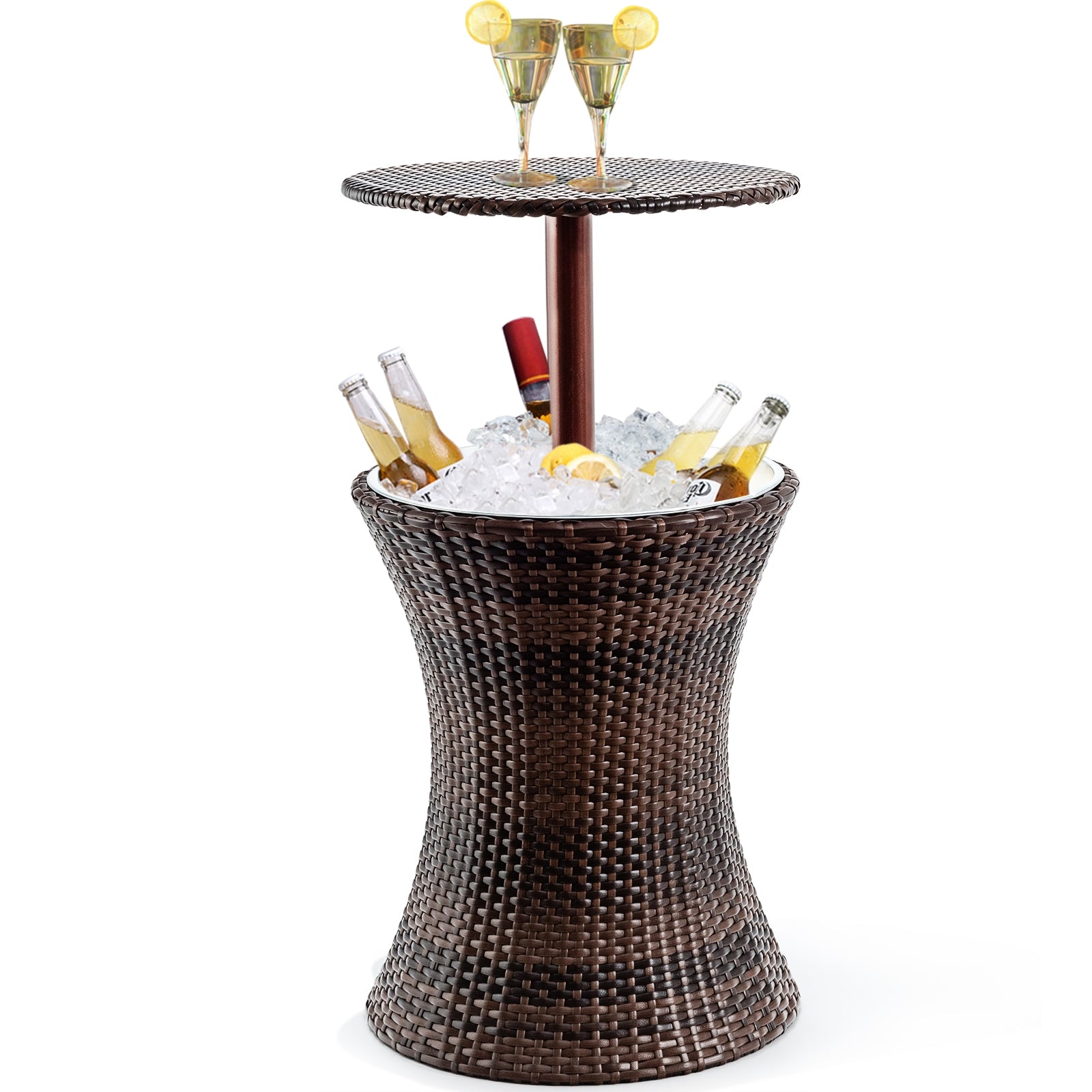 Height Adjustable Patio Rattan Cooler Bar Table-Brown