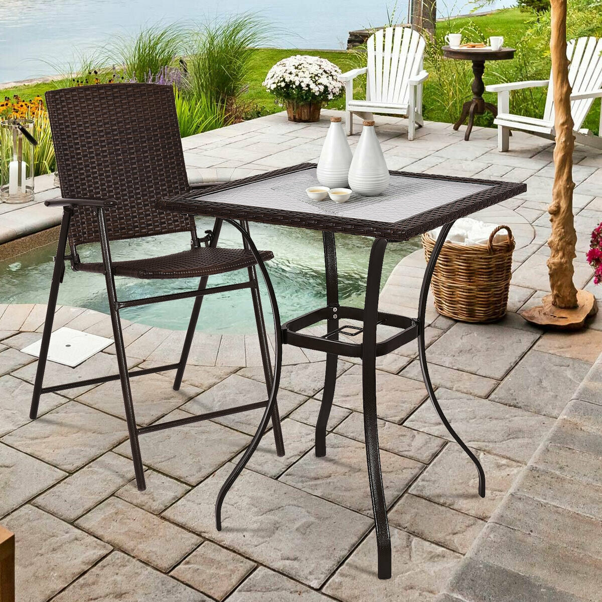 28.5 Inch Outdoor Patio Square Glass Top Table with Rattan Edging