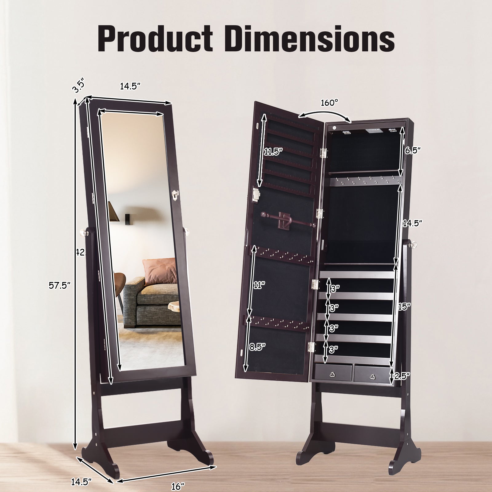 Lockable Mirrored Jewelry Cabinet with Stand and Led Lights-BrownÂ 