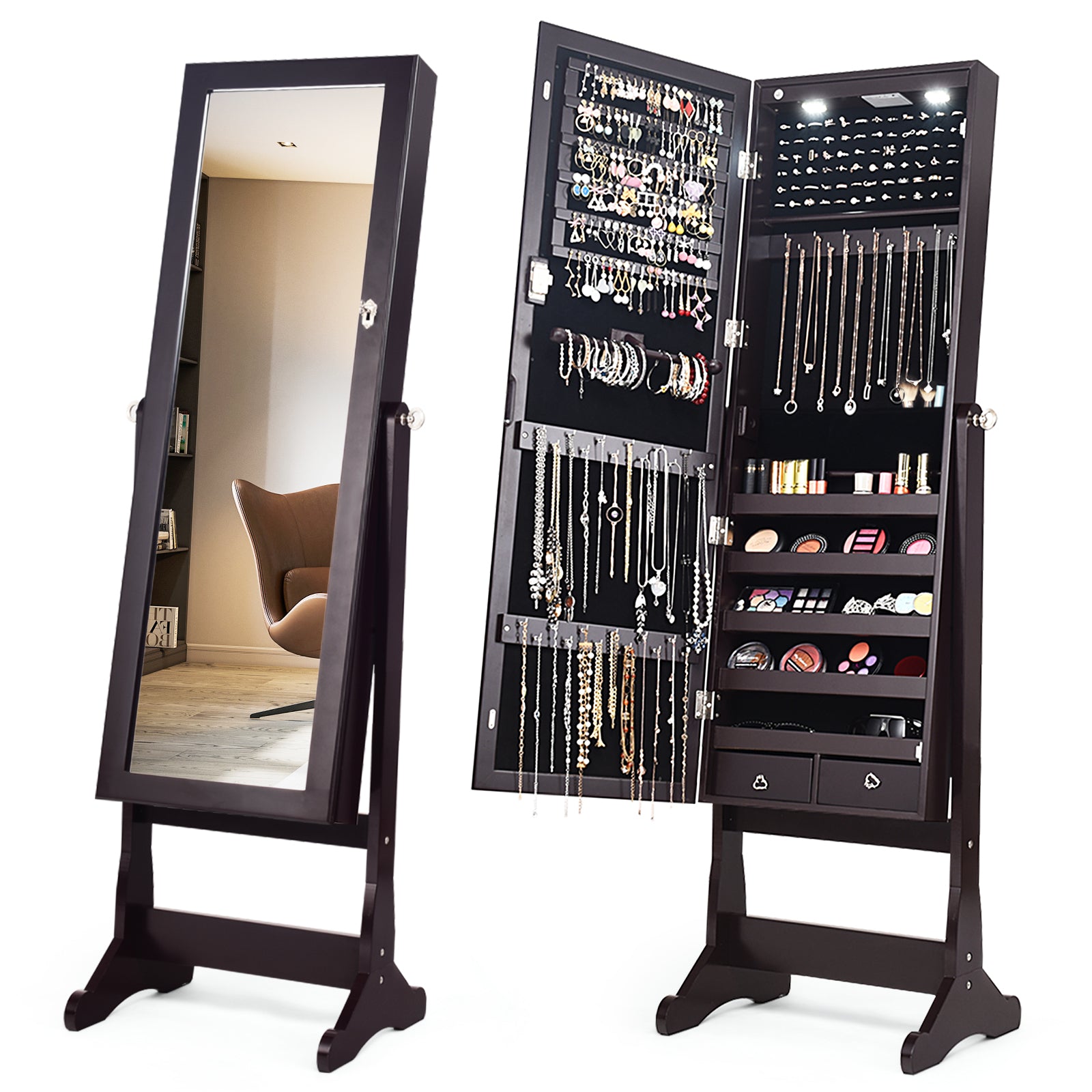 Lockable Mirrored Jewelry Cabinet with Stand and Led Lights-BrownÂ 