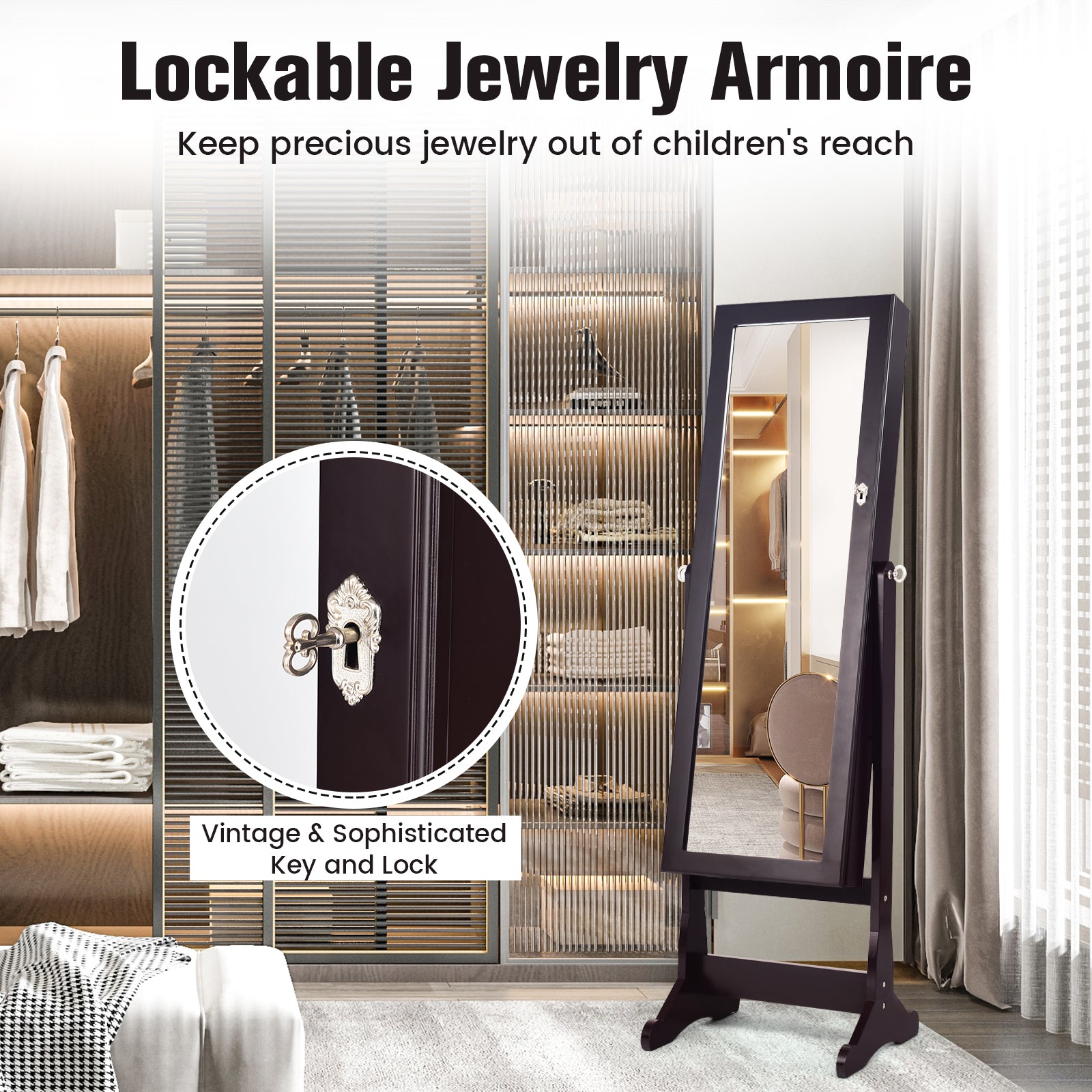 Lockable Mirrored Jewelry Cabinet with Stand and Led Lights-BrownÂ 