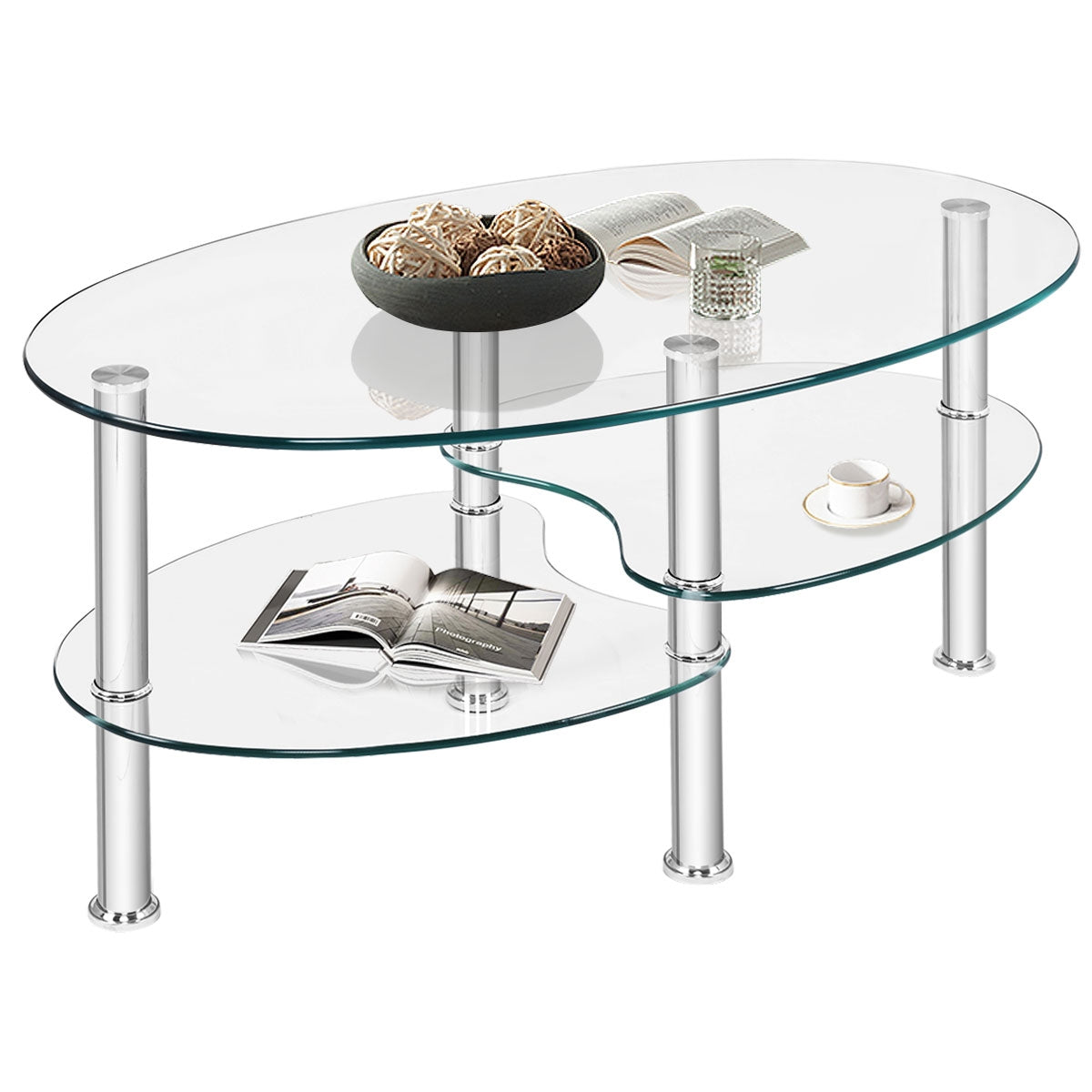 Tempered Glass Oval Side Coffee Table-Transparent