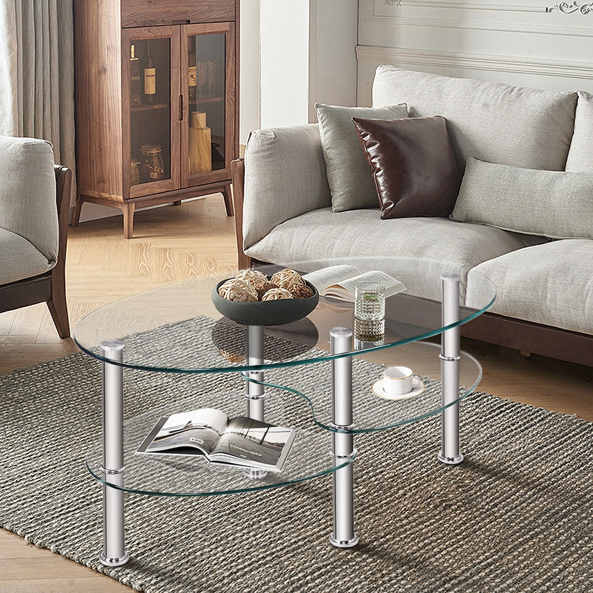 Tempered Glass Oval Side Coffee Table-Transparent