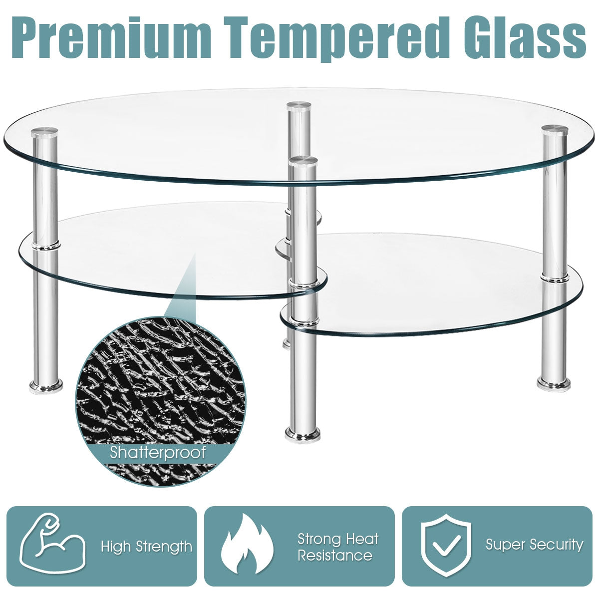 Tempered Glass Oval Side Coffee Table-Transparent