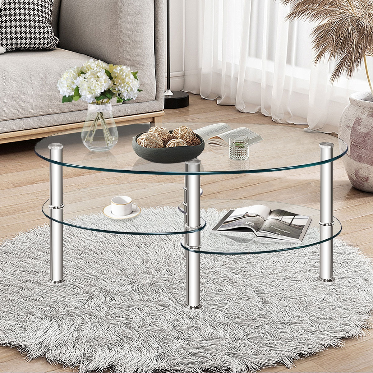 Tempered Glass Oval Side Coffee Table-Transparent