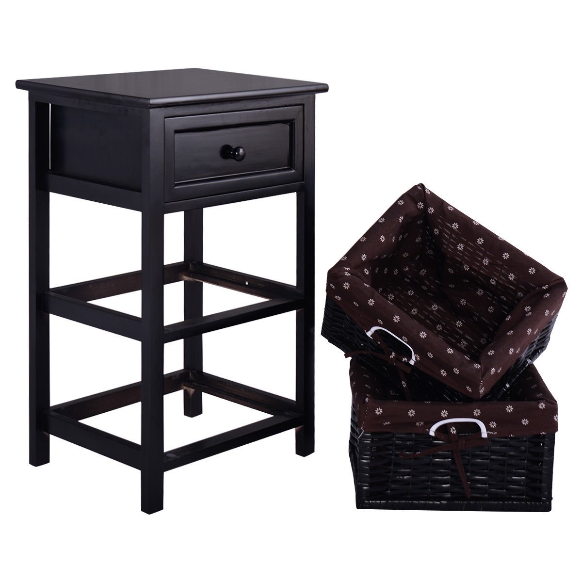 3 Tiers Wooden Storage Nightstand with 2 Baskets and 1 Drawer-black