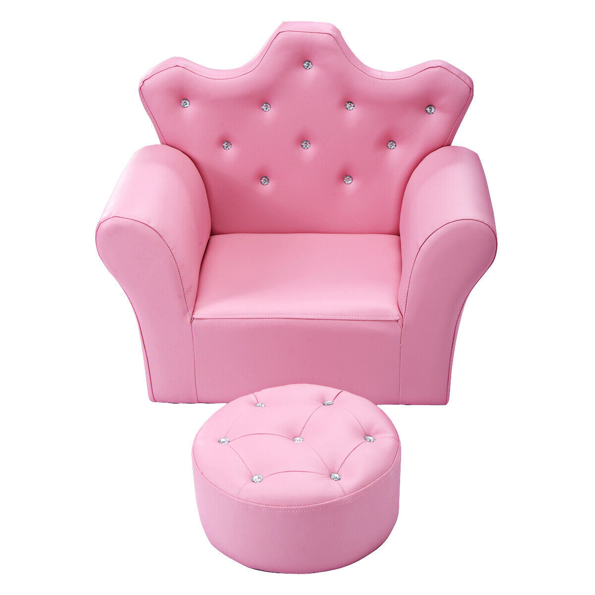 Children Upholstered Princess Sofa with Ottoman and Diamond Decoration for Boys and Girls-Pink