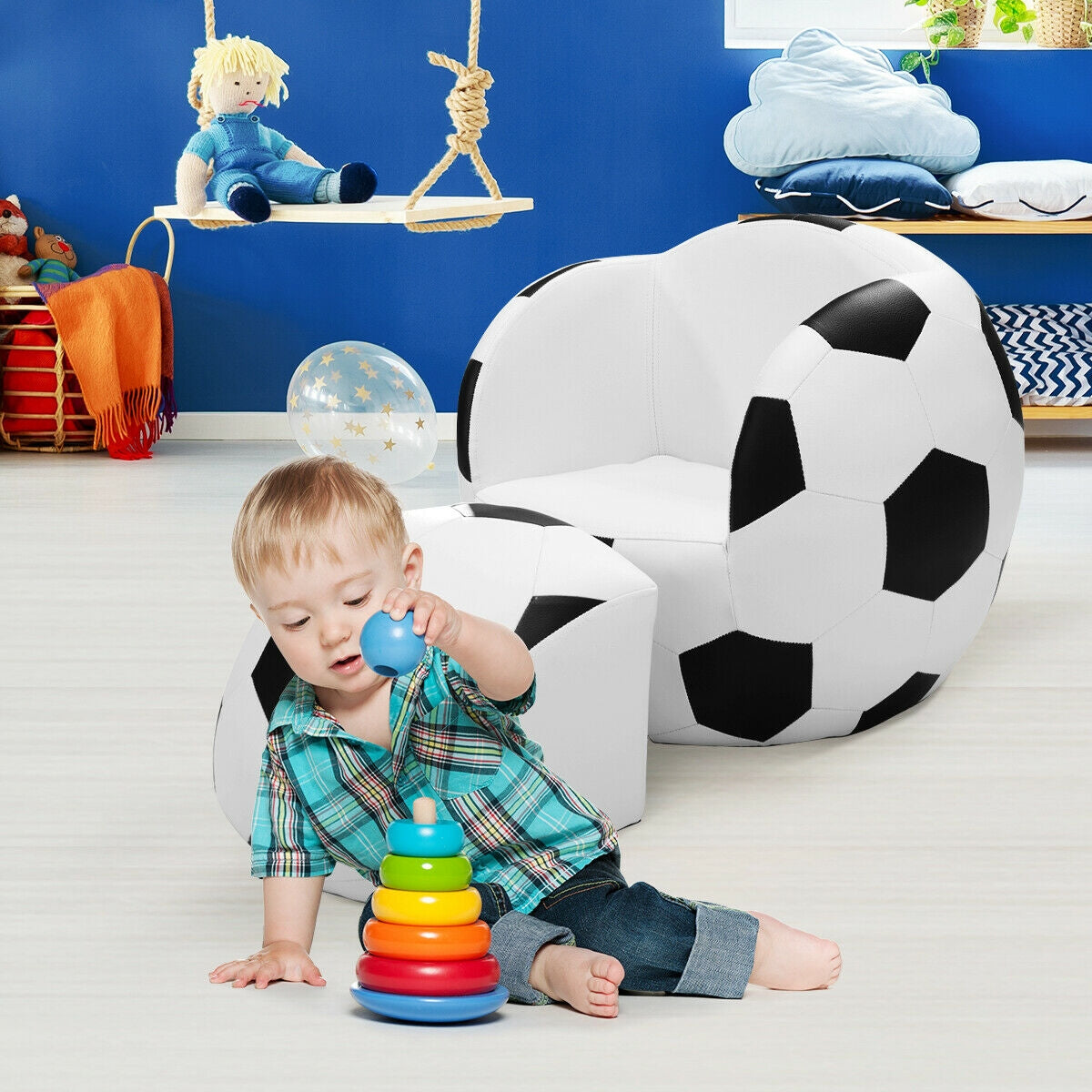 Football Shaped Kids Sofa Couch with Ottoman