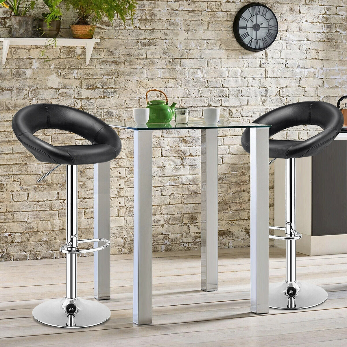 Set Of 2 Bar Stools Adjustable PU Leather Barstools Swivel Pub Chairs-Black