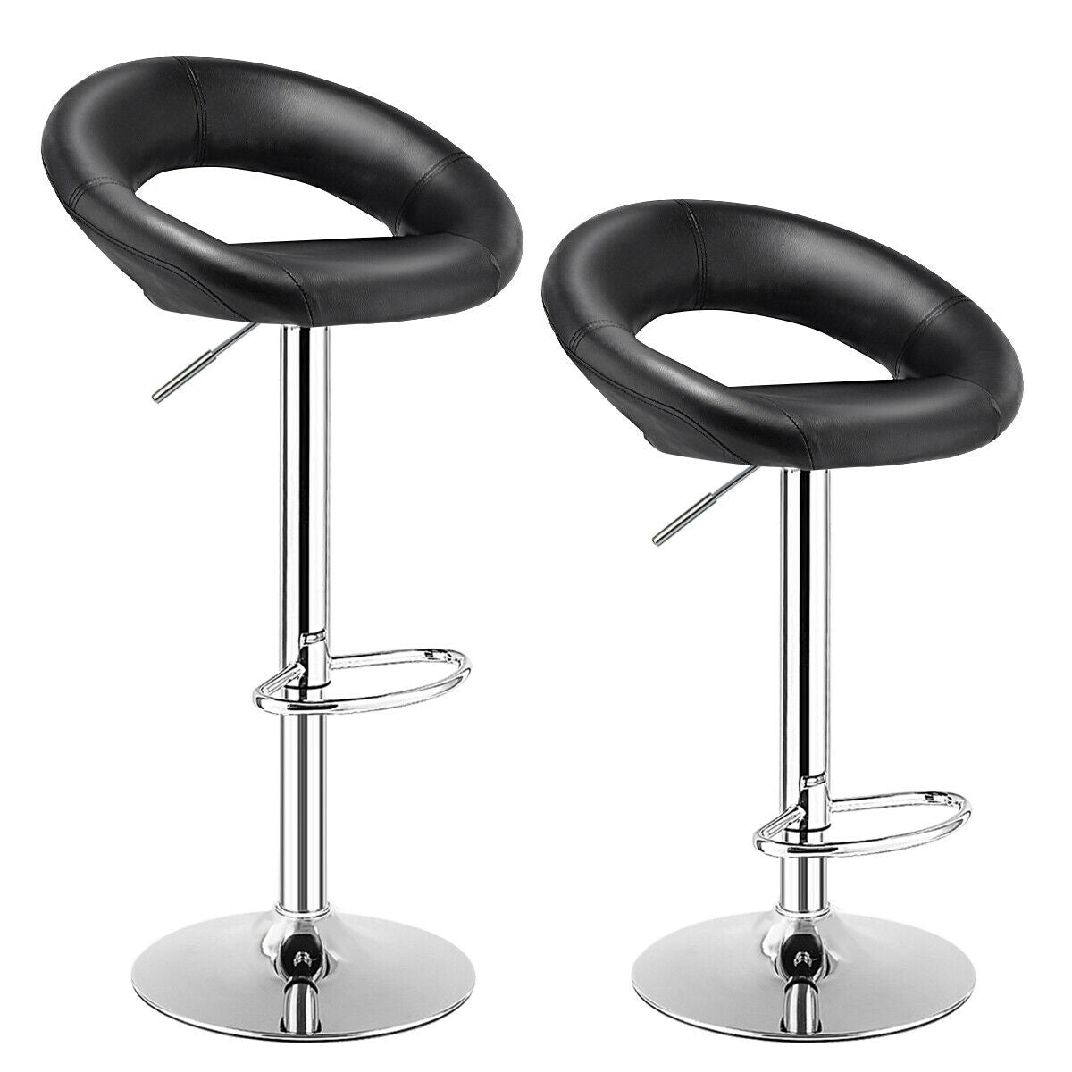 Set Of 2 Bar Stools Adjustable PU Leather Barstools Swivel Pub Chairs-Black