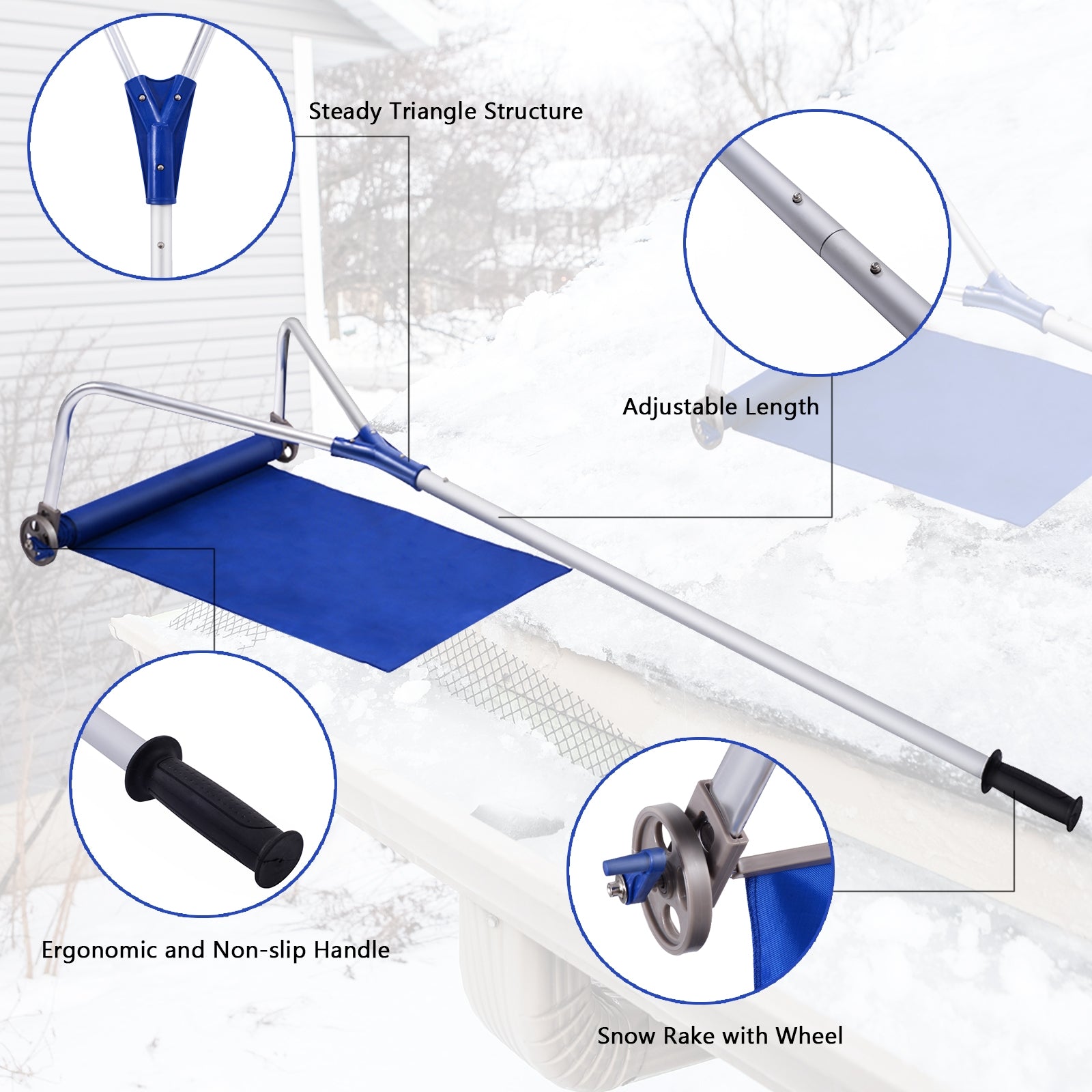 21 Feet Adjustable Aluminium Snow Roof Rake with Wheels and Oxford Slide