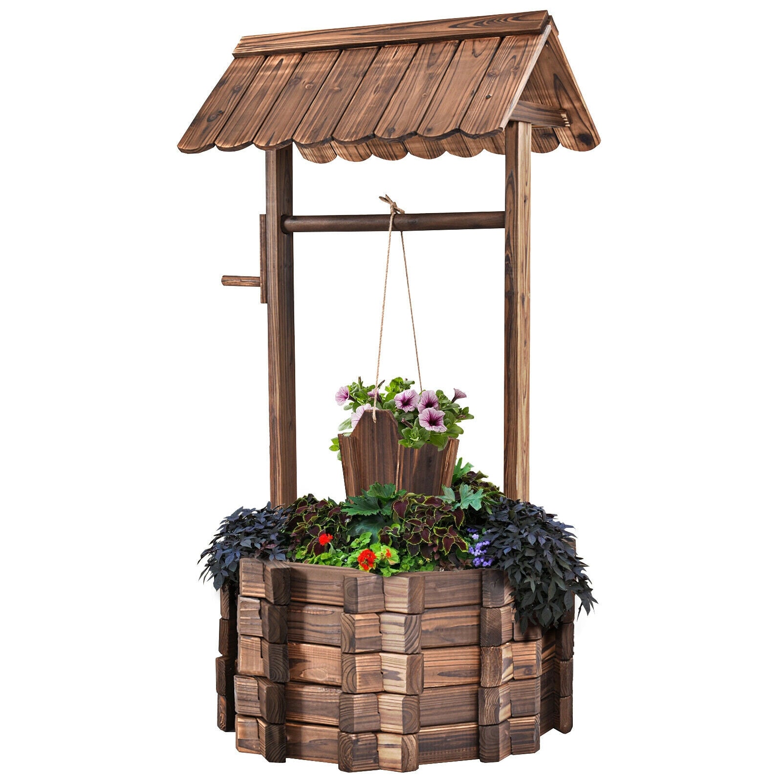 Outdoor Wooden Wishing Well Planter Bucket