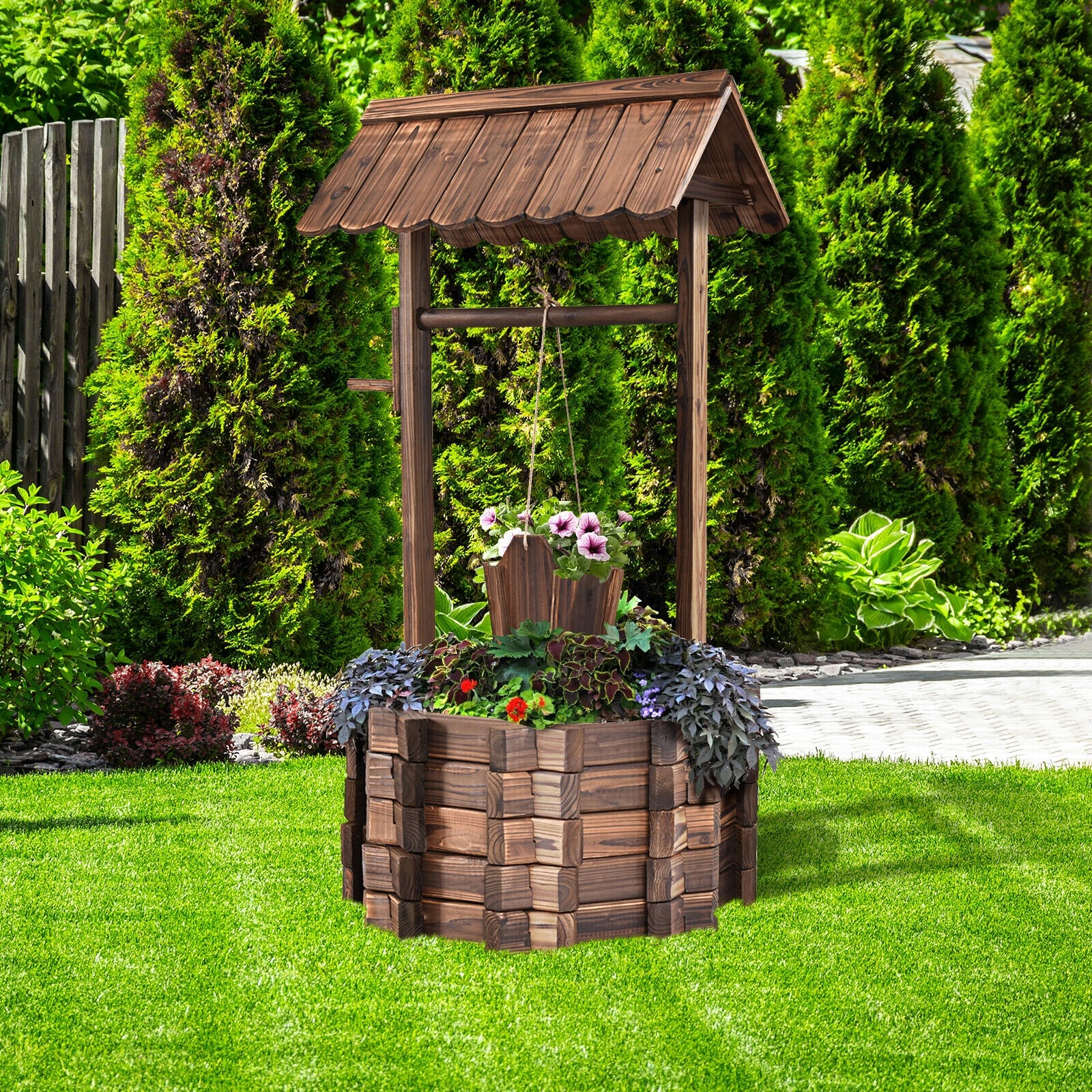 Outdoor Wooden Wishing Well Planter BucketÂ 