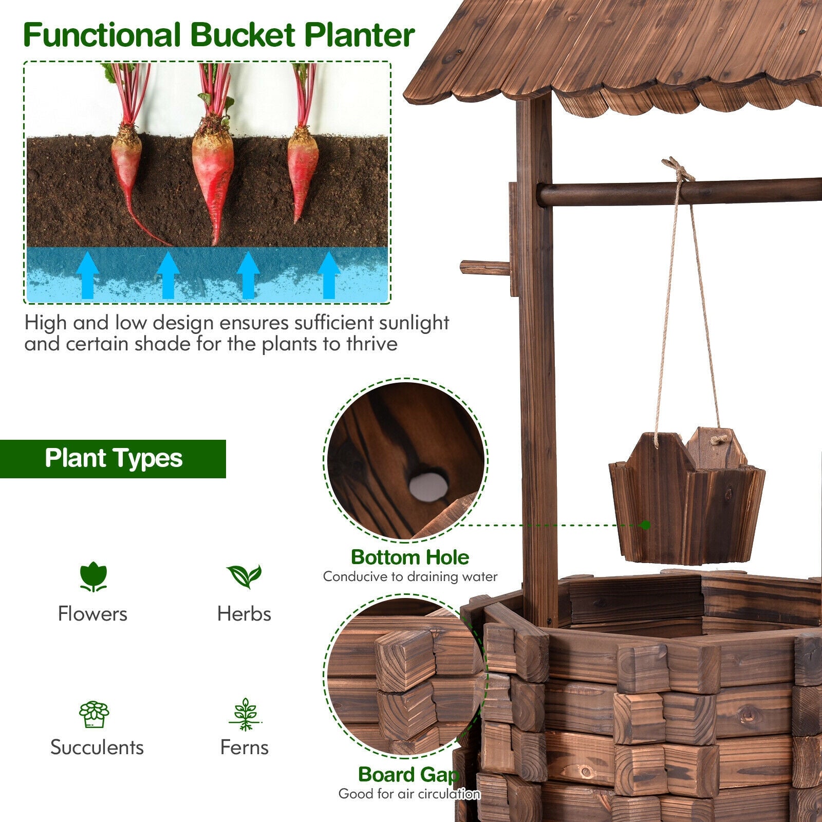 Outdoor Wooden Wishing Well Planter Bucket