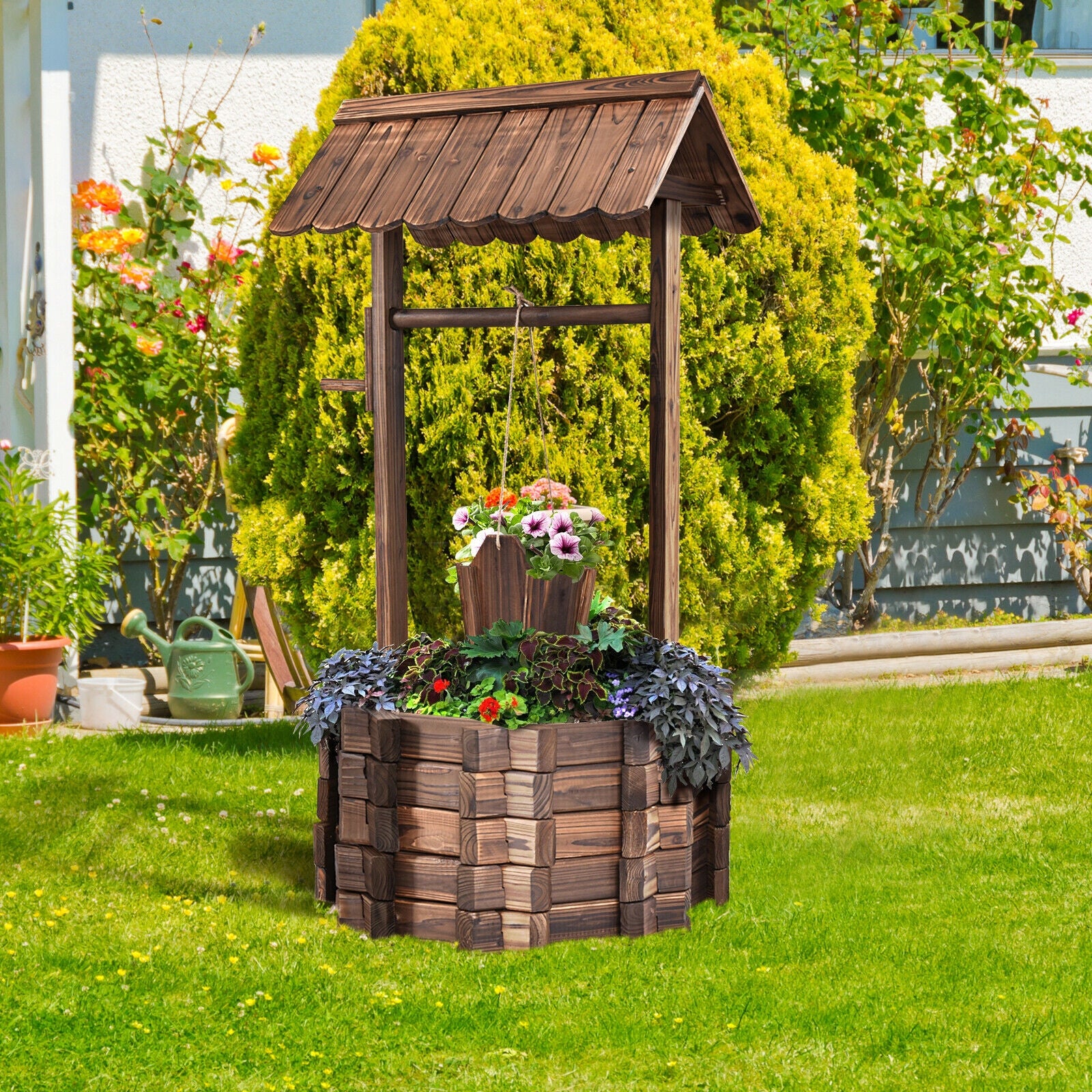 Outdoor Wooden Wishing Well Planter BucketÂ 