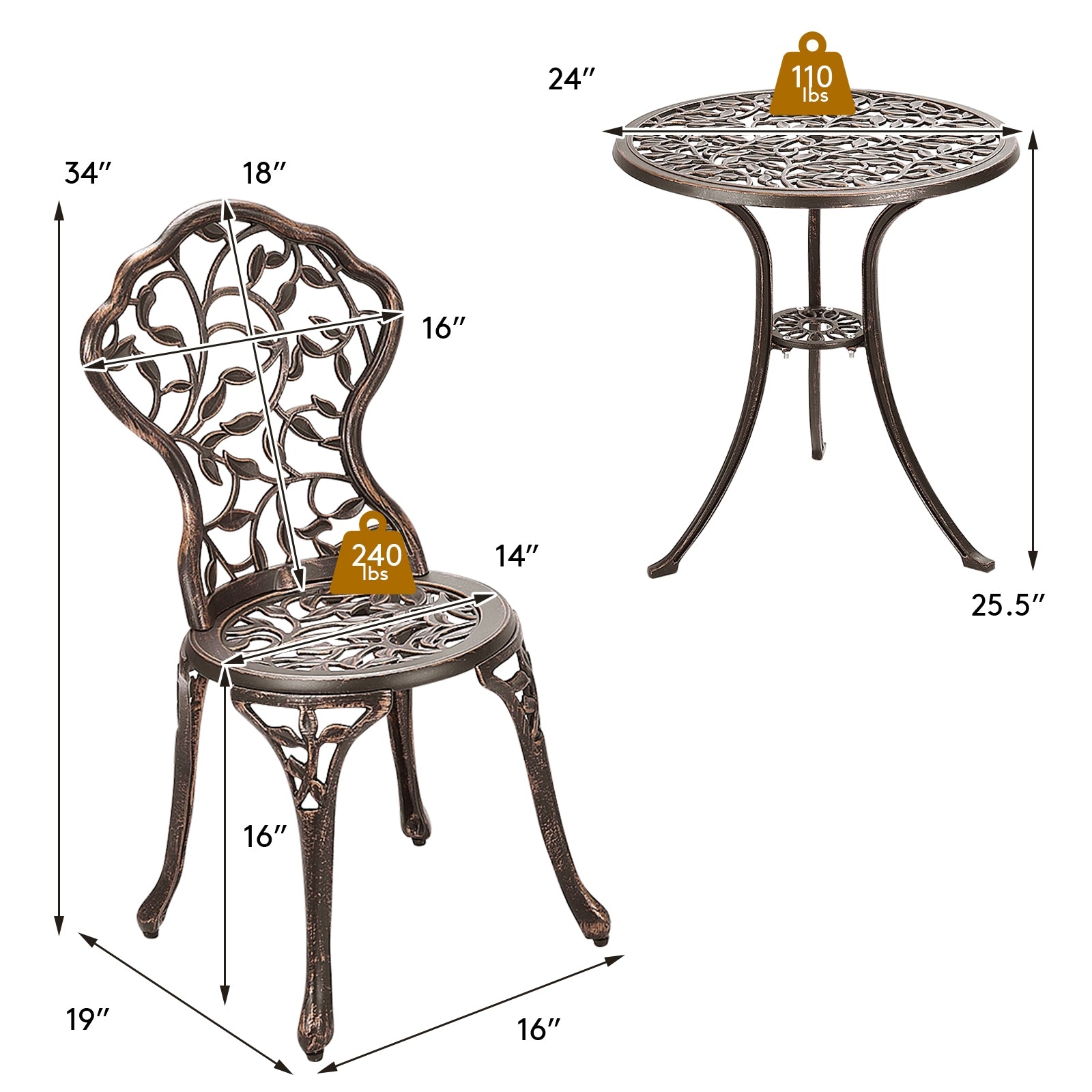 3 Pieces Cast Aluminum Bistro Set