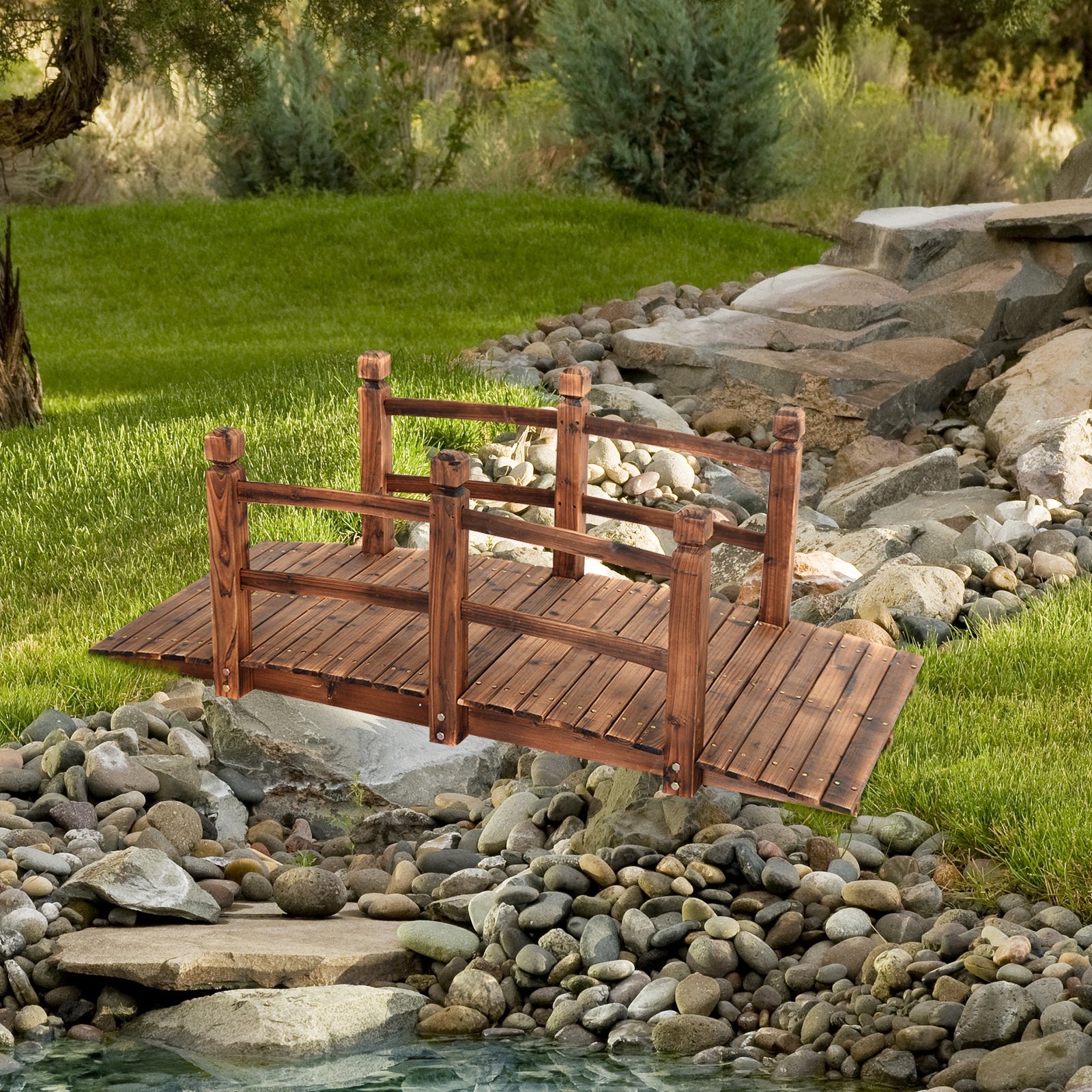 5' Wooden Garden Bridge Arc Stained Finish Footbridge DecorativeÂ 