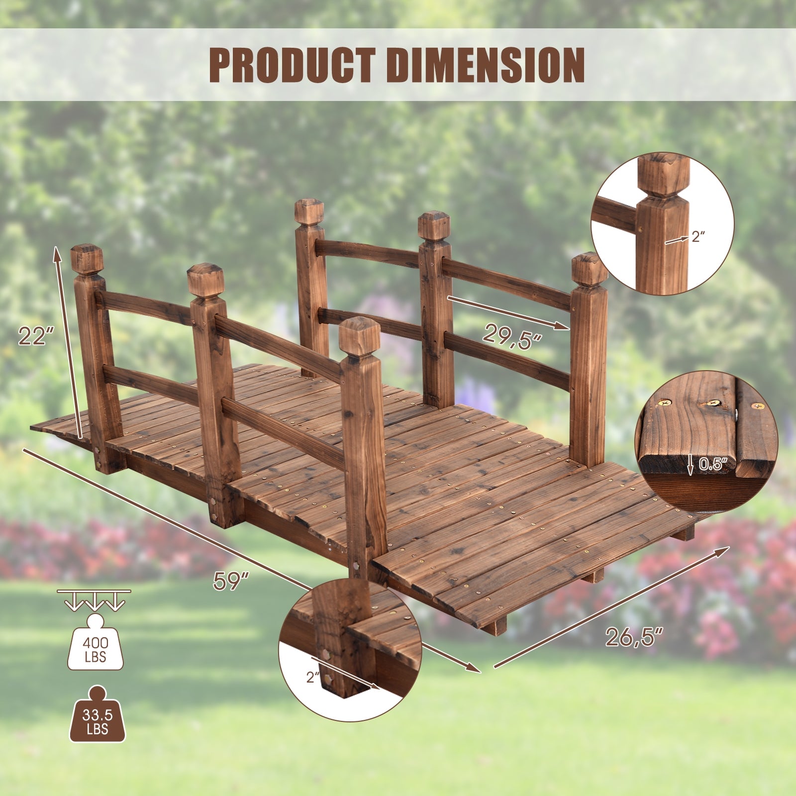 5' Wooden Garden Bridge Arc Stained Finish Footbridge Decorative