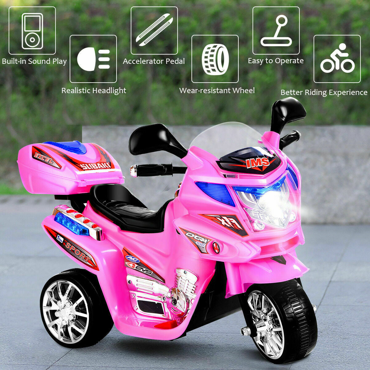 6V Powered 3 Wheels Kids Electric Ride-on Toy Motorcycle-PinkÂ 