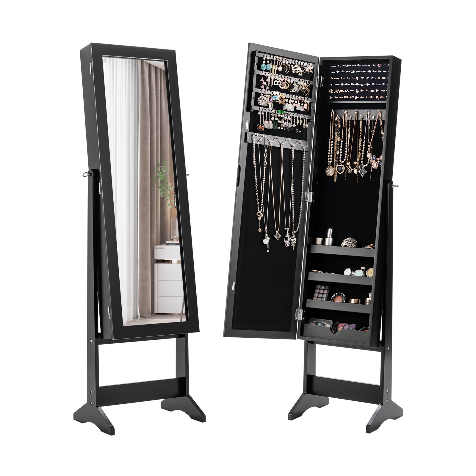 New Mirrored Jewelry Cabinet Armoire Mirror Organizer Storage Box Ring w/ Stand-Black