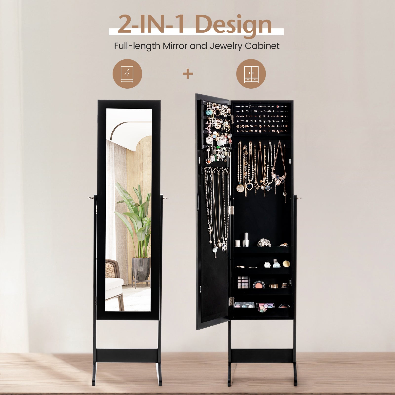 New Mirrored Jewelry Cabinet Armoire Mirror Organizer Storage Box Ring w/ Stand-Black