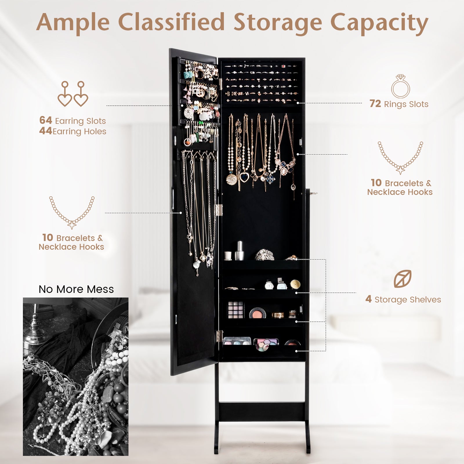 New Mirrored Jewelry Cabinet Armoire Mirror Organizer Storage Box Ring w/ Stand-Black