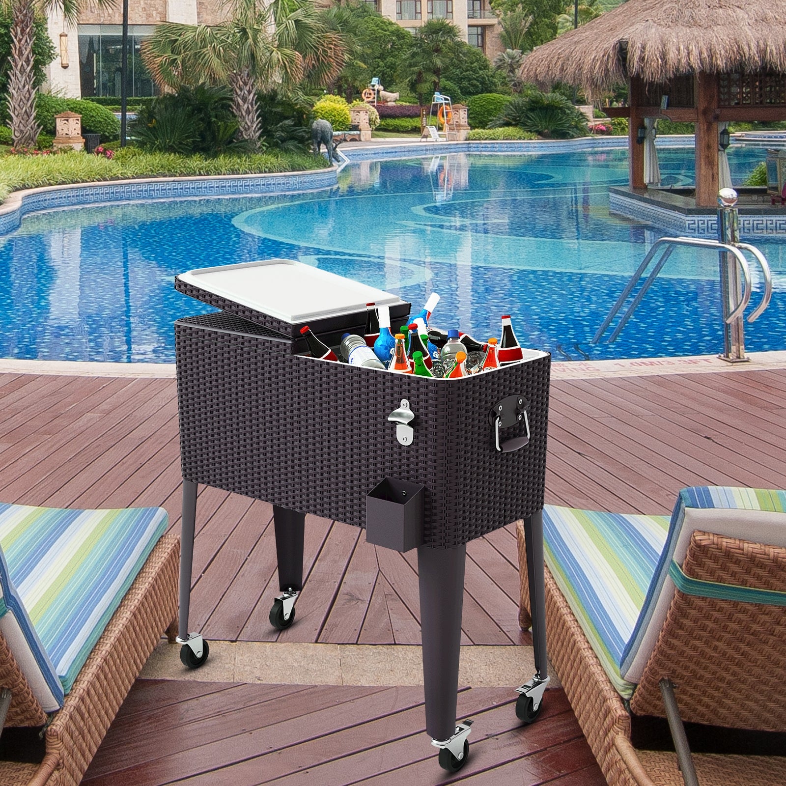 80QT Outdoor Party Portable Rattan Rolling Cooler CartÂ 