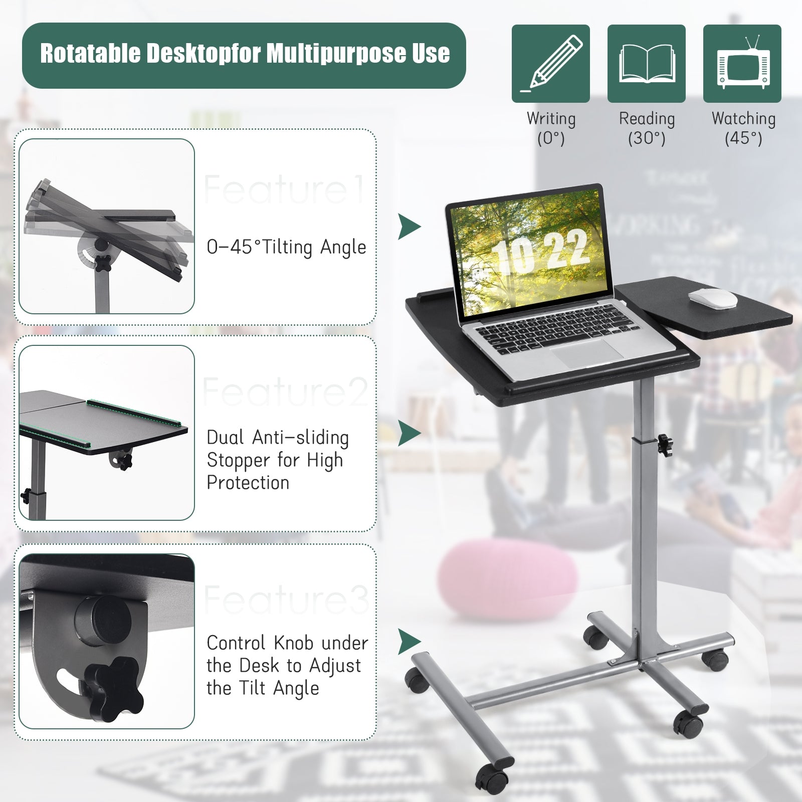 Adjustable Angle Height Rolling Laptop TableÂ 