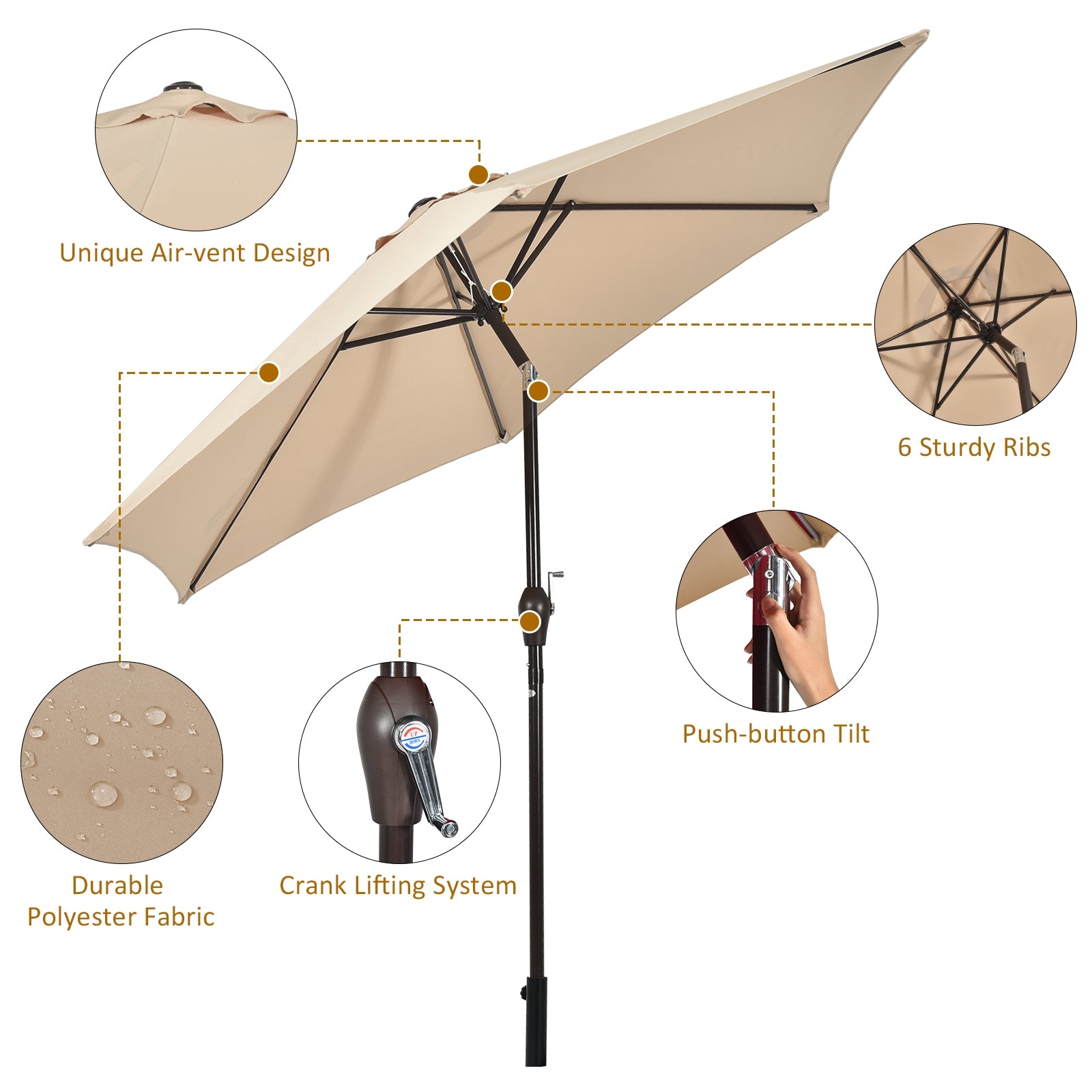 10FT Patio Umbrella 6 Ribs Market Steel Tilt W/ Crank Outdoor Garden without Weight Base-beigeÂ 