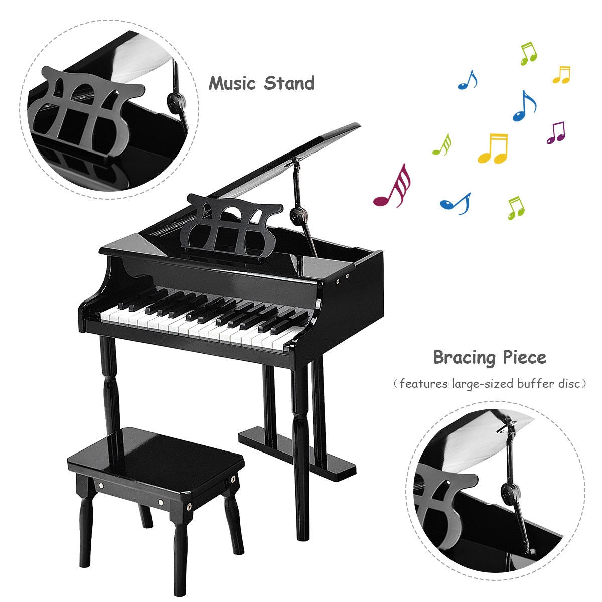 Musical Instrument Toy 30-Key Children Mini Grand Piano with Bench-Black