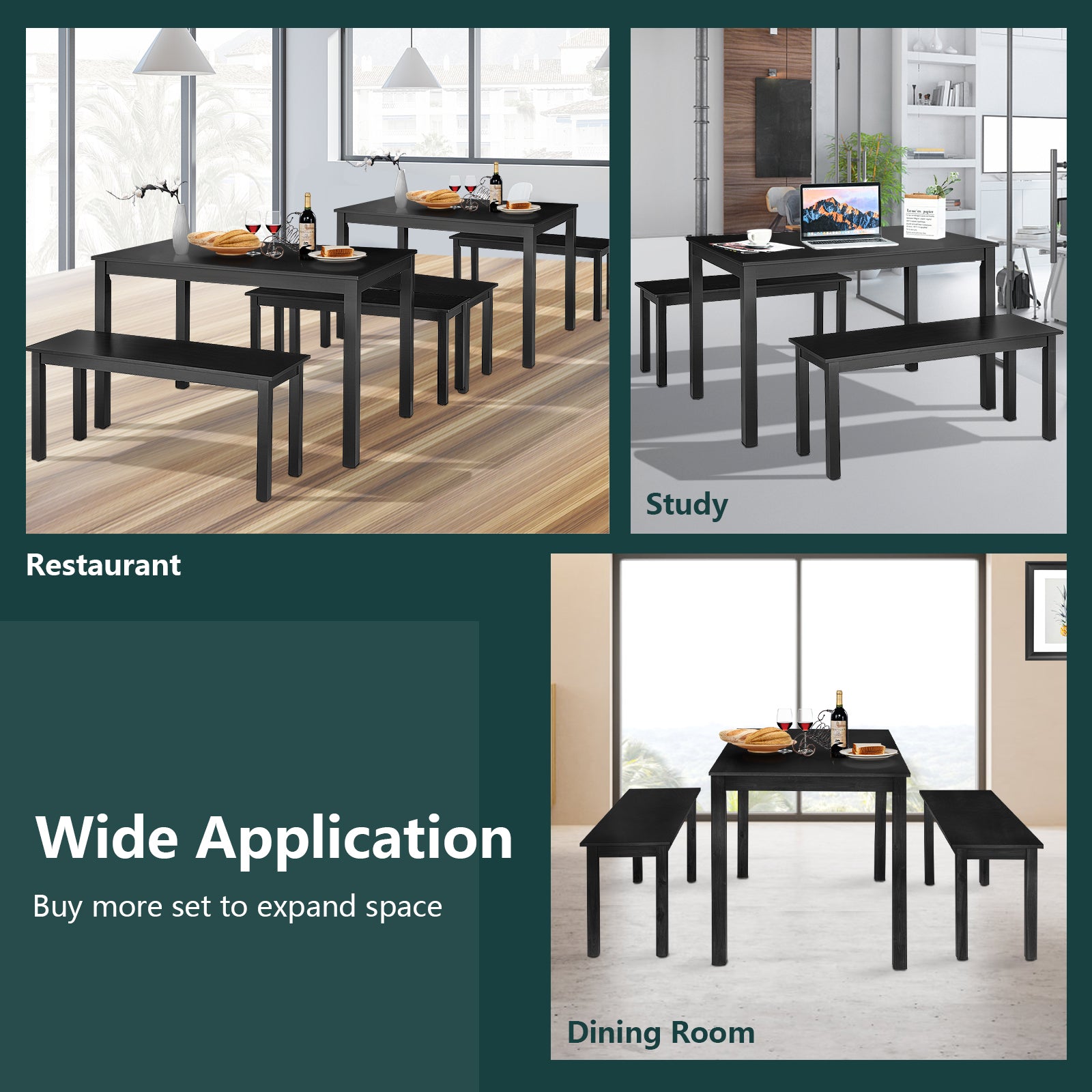 3 Pieces Modern Studio Collection Table Dining Set-Black