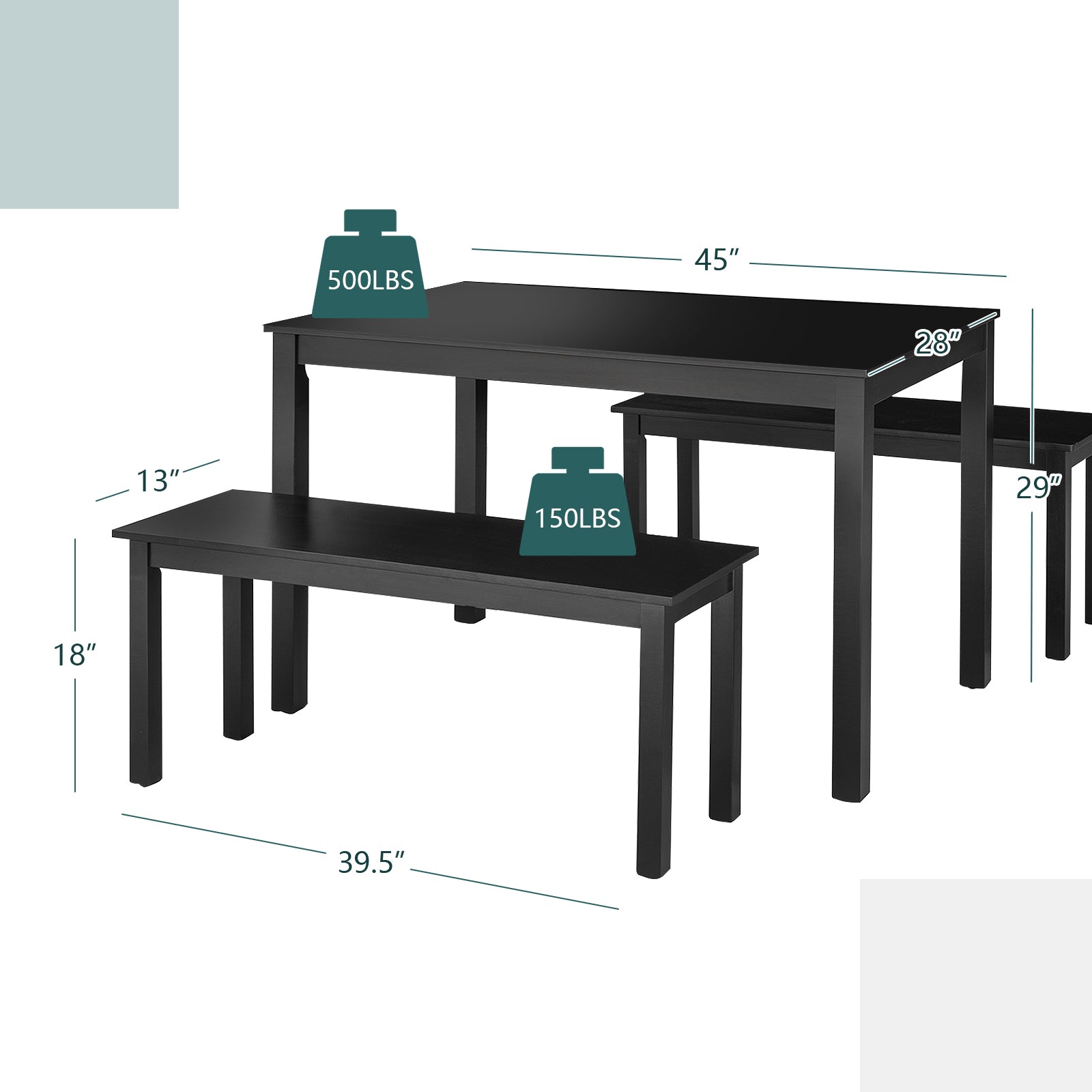 3 Pieces Modern Studio Collection Table Dining Set-Black 