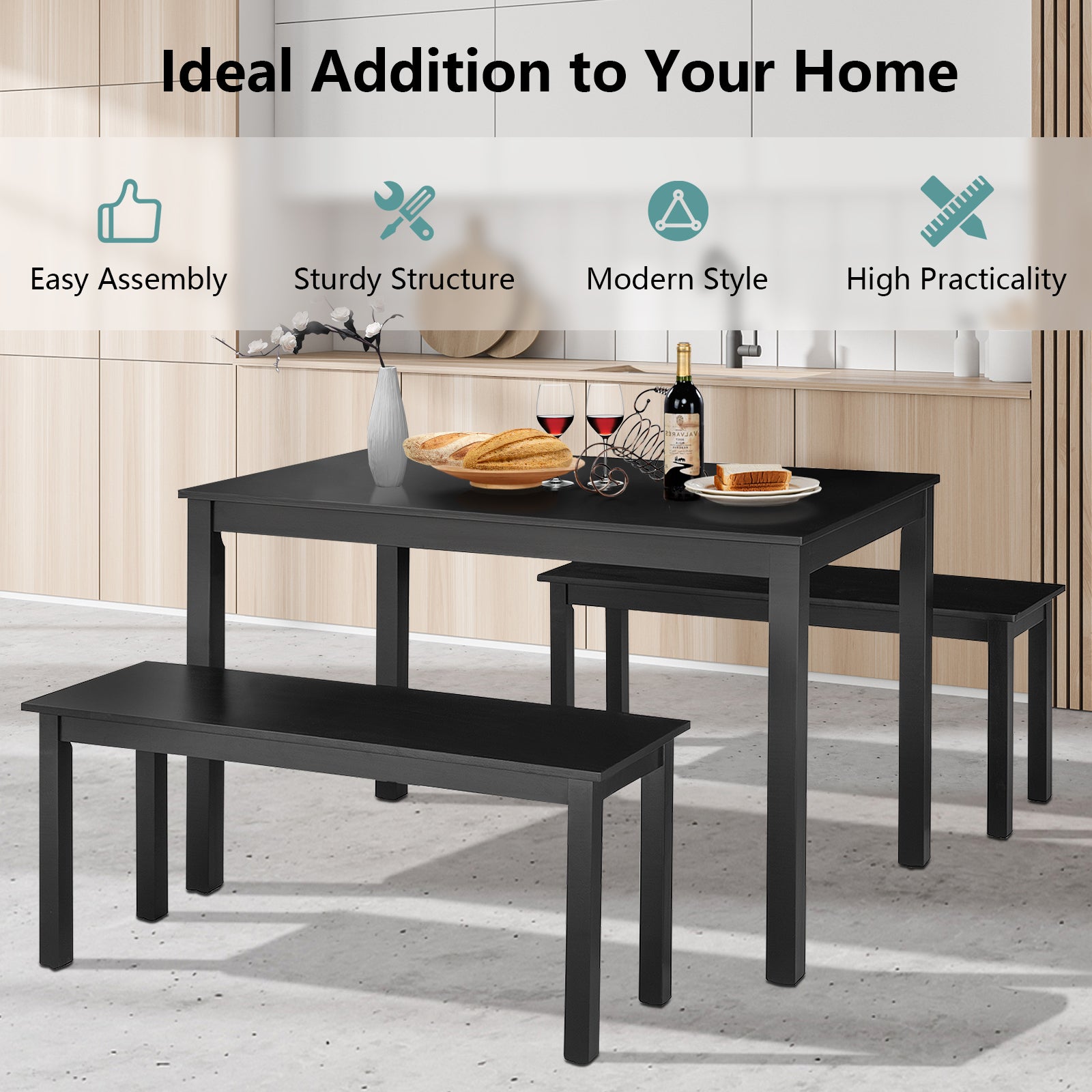 3 Pieces Modern Studio Collection Table Dining Set-Black 