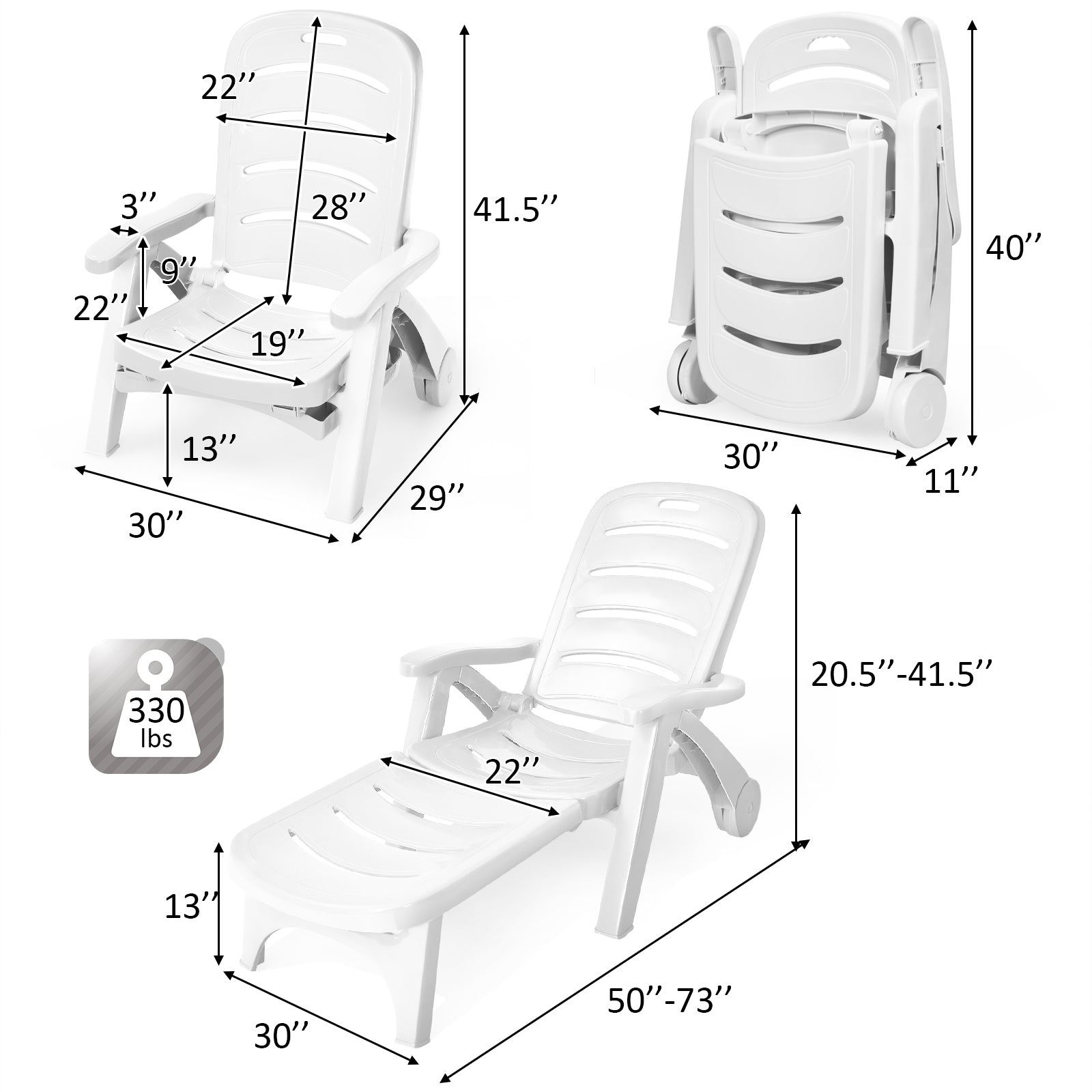 5 Position Adjustable Patio Recliner Chair with Wheels