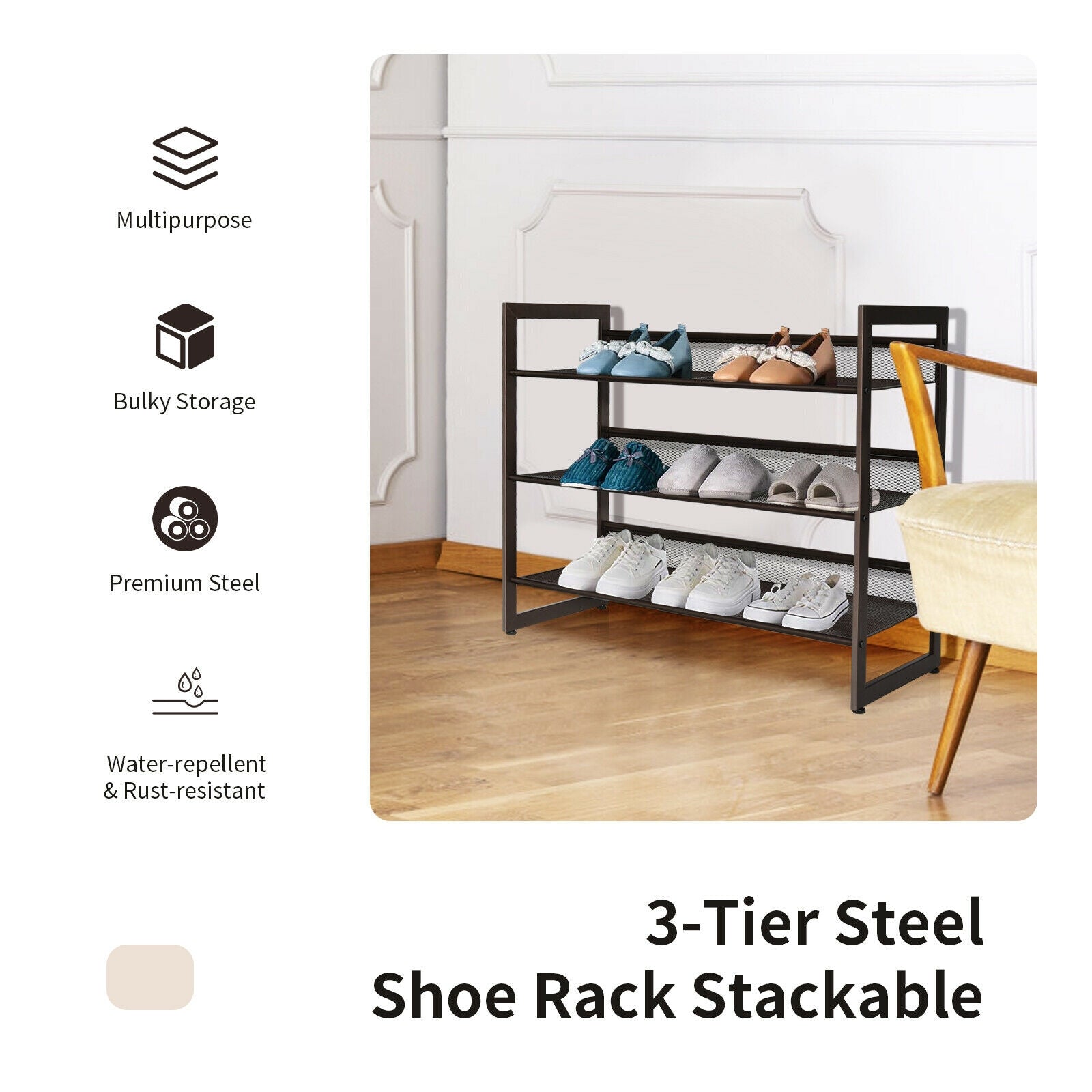 2/3/4 Tiers Flat and Slant Metal Shoe Rack for Entryway Hallway-3-Tier 