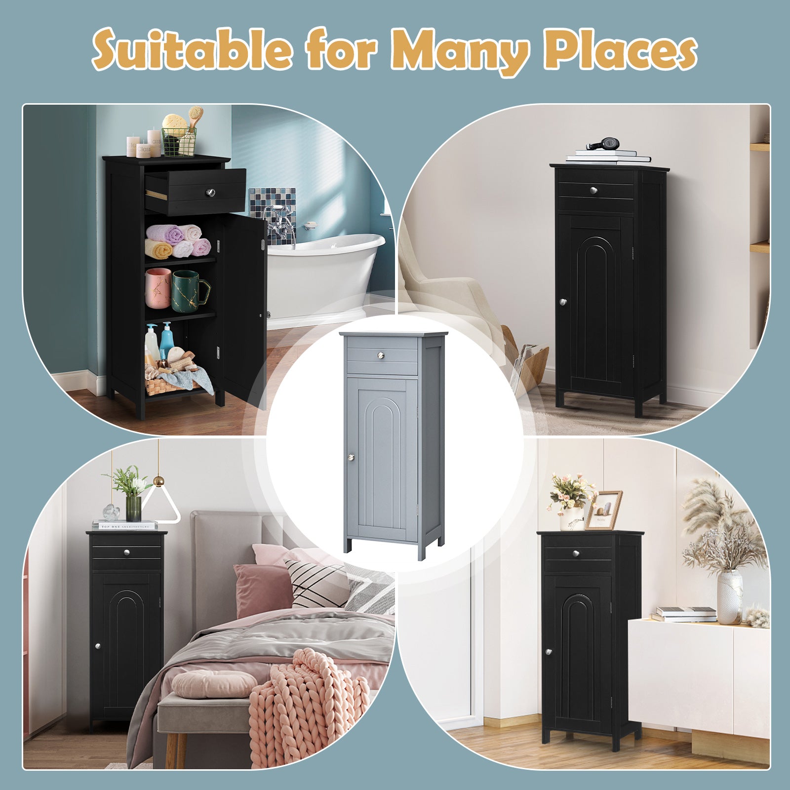 Wooden Storage Free-Standing Floor Cabinet with Drawer and Shelf-Black