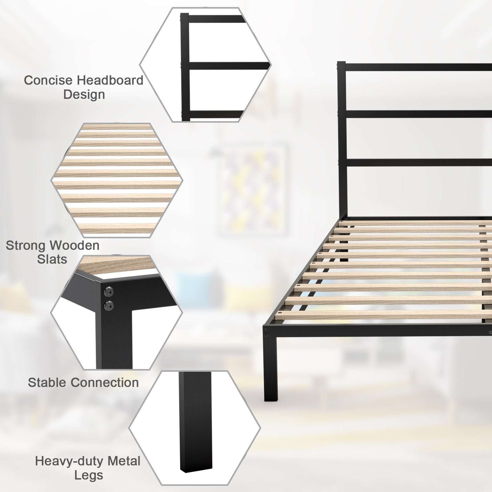 Twin/Full/Queen Size Metal Bed Platform Frame with Headboard-Full Size